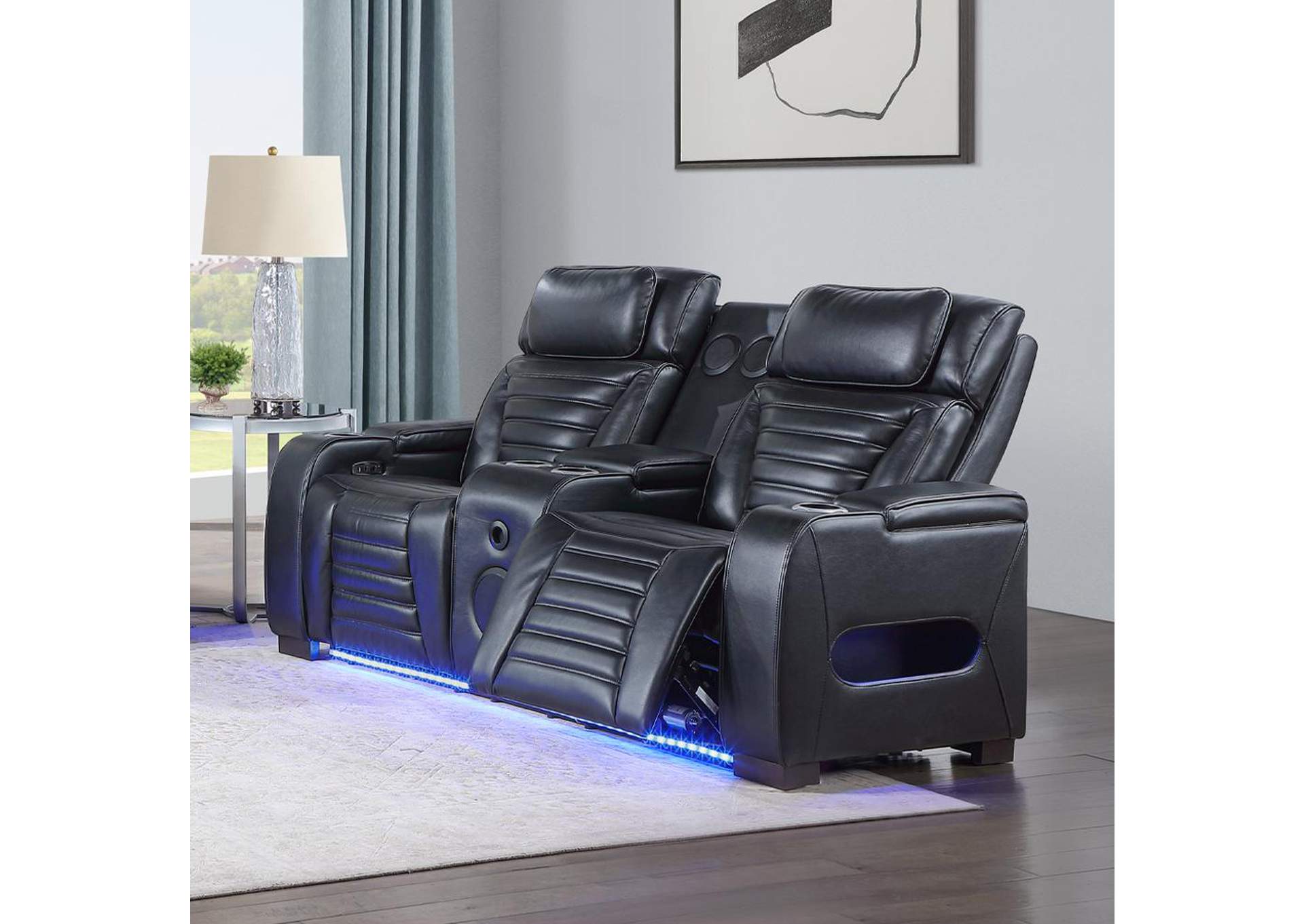 Ephron Power Motion Loveseat with Console, Power Headrests, Led and Speakers image 1