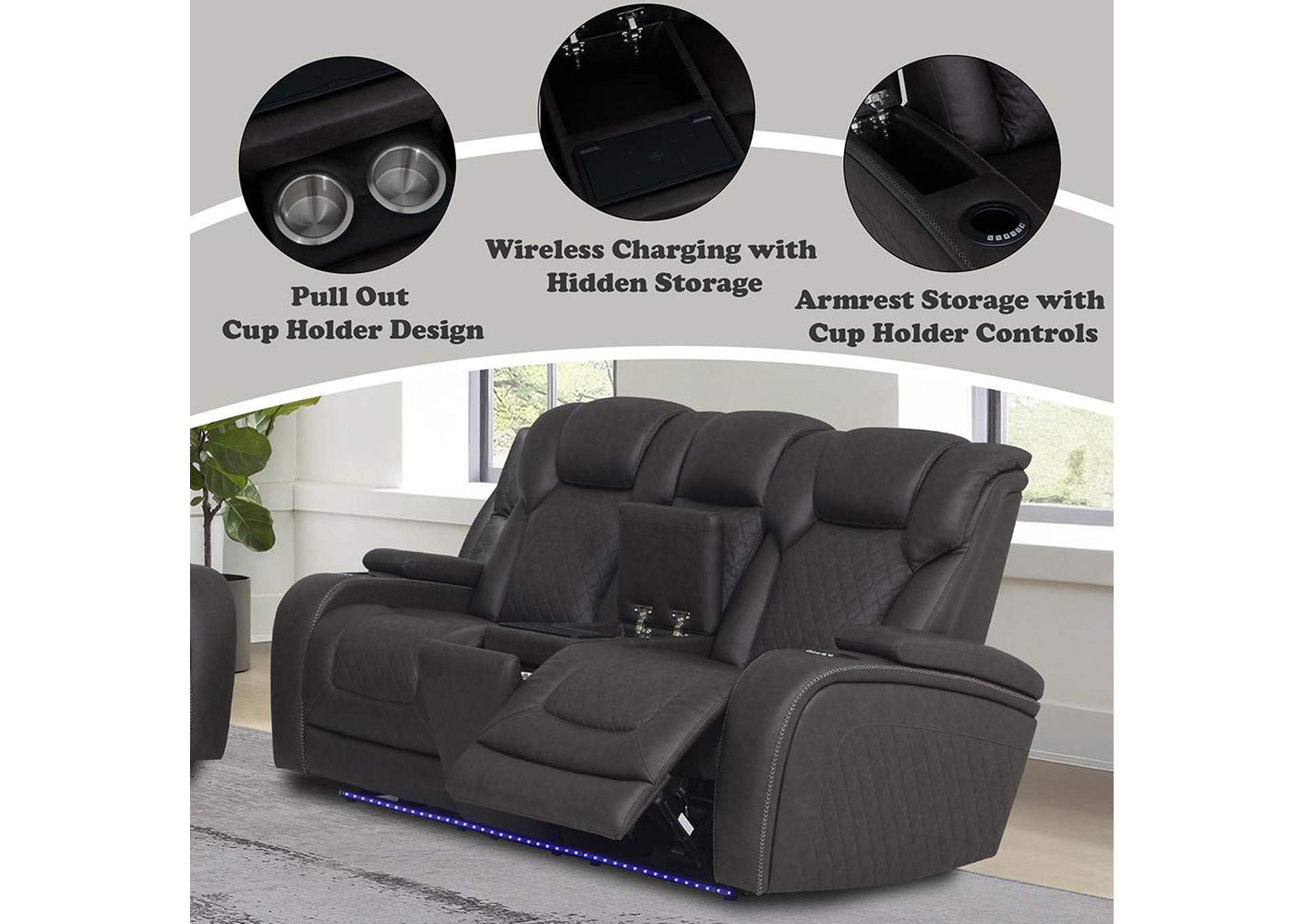 Wendell Power Motion Loveseat with Console, Wireless Charger, Storage, USB and Led image 12