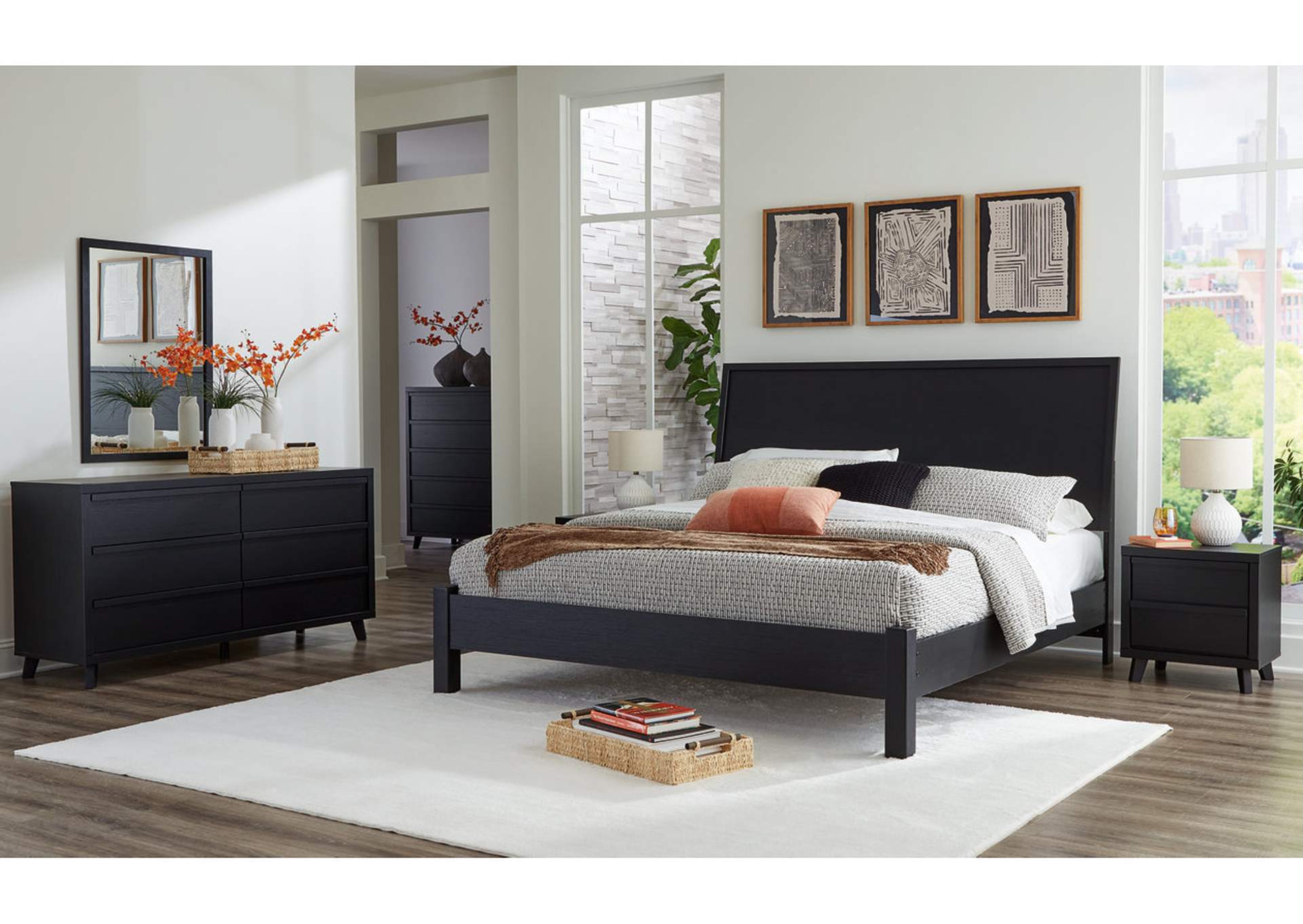 Danziar King Panel Bed with Mirrored Dresser, Chest and Nightstand