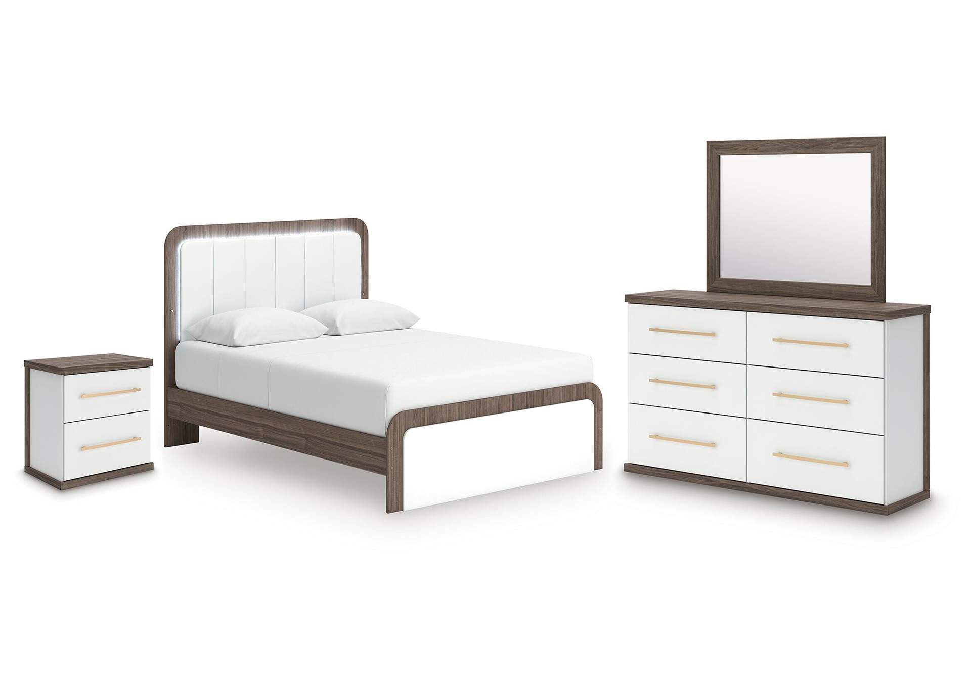 Kendanport Queen Upholstered Bed, Dresser, Mirror and Nightstand image 1