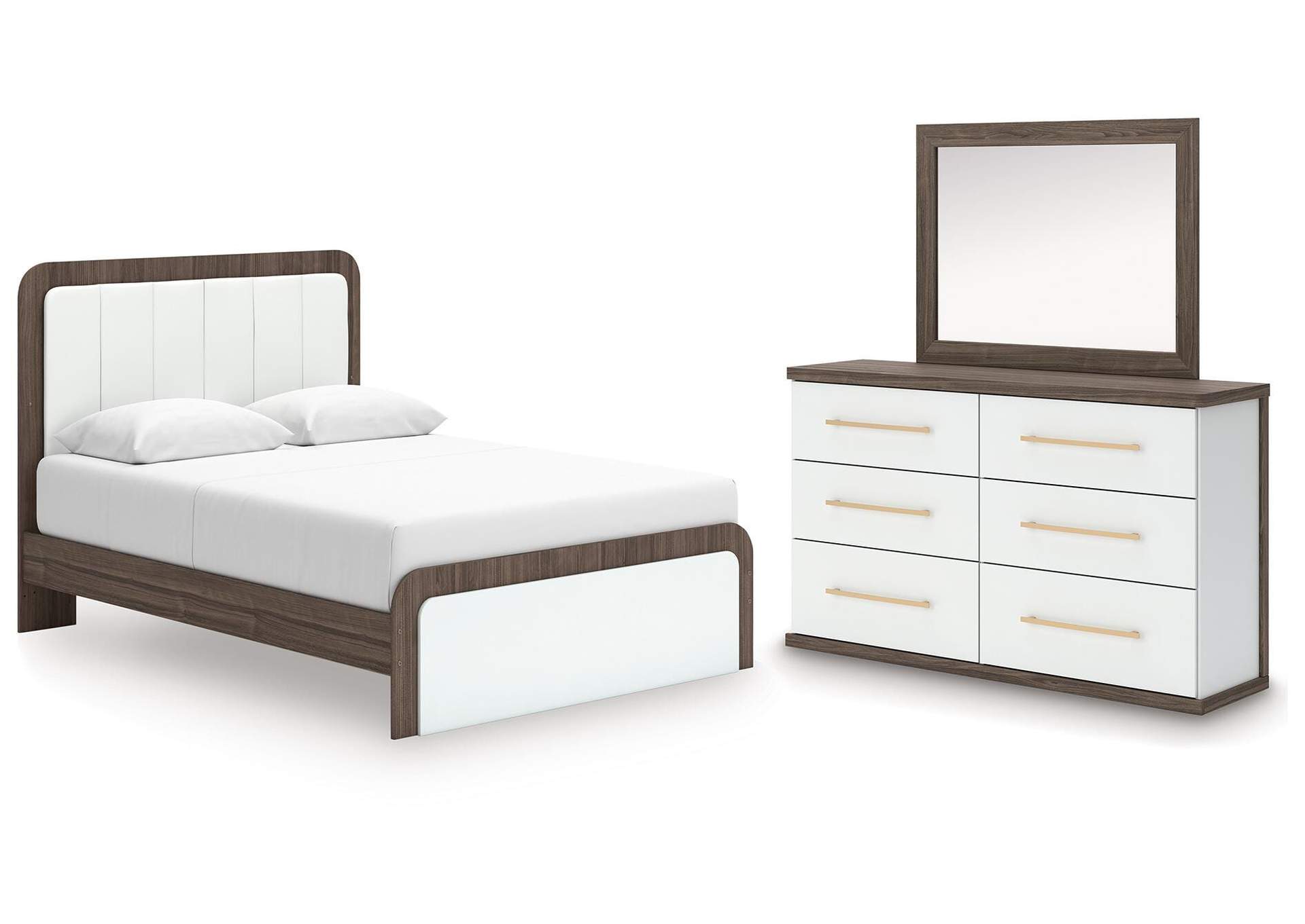 Kendanport Queen Upholstered Platform Bed, Dresser and Mirror image 1