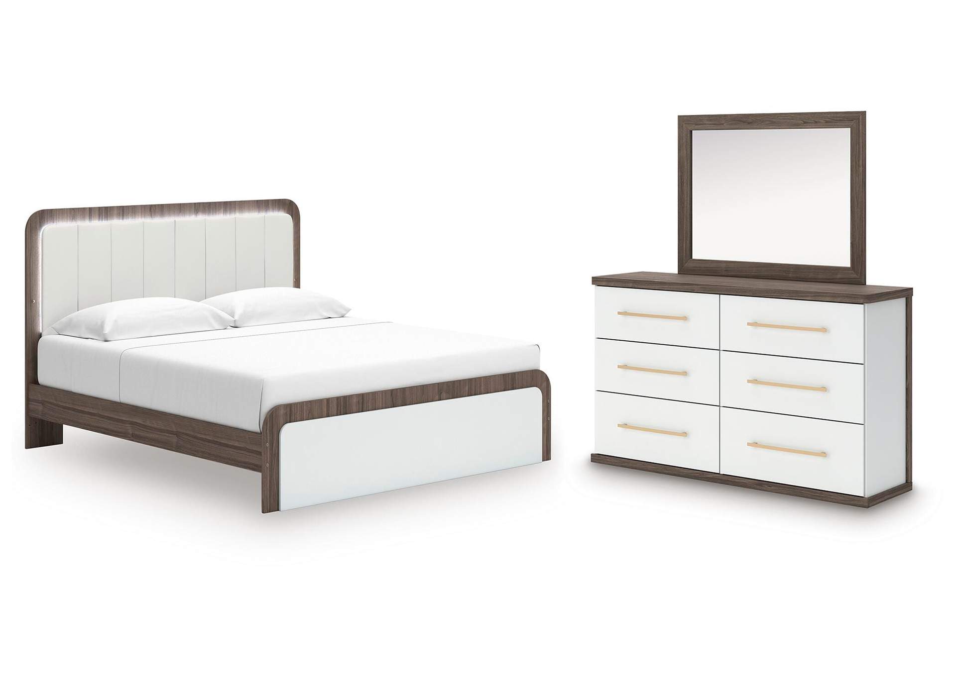 Kendanport King Upholstered Bed, Dresser and Mirror image 1