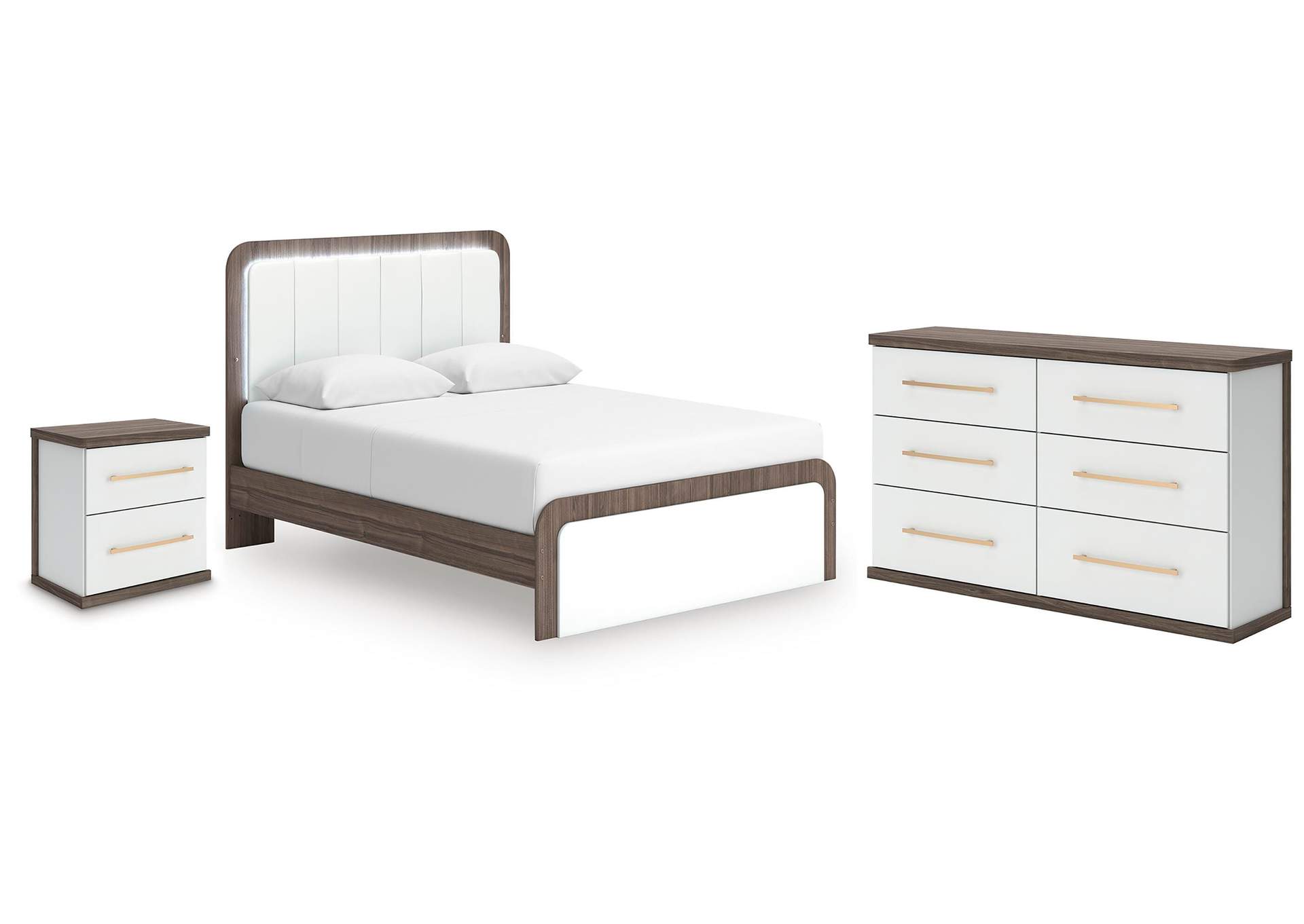 Kendanport Queen Upholstered Bed, Dresser and Nightstand image 1