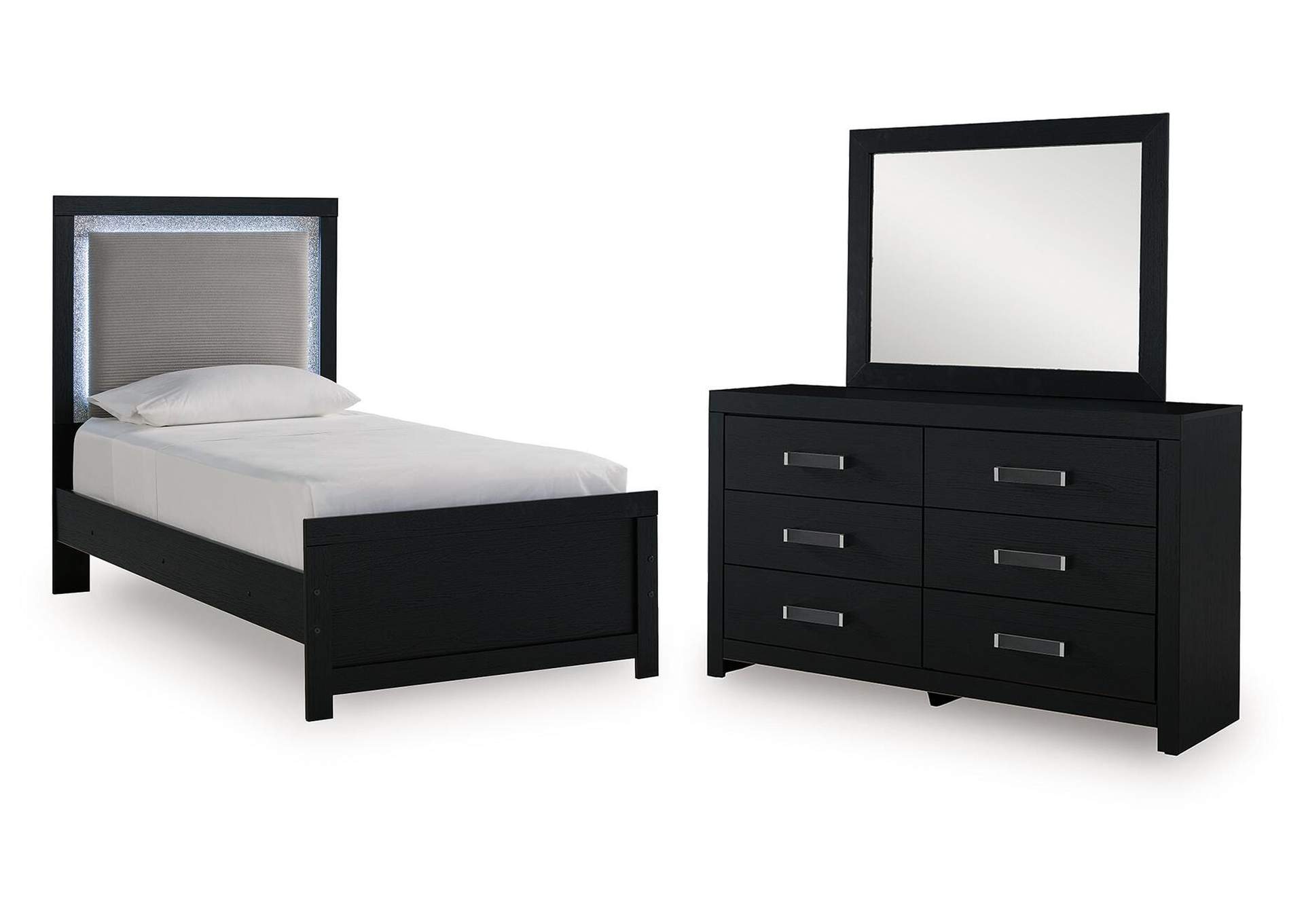 Maeling Twin Upholstered Panel Bed, Dresser and Mirror image 1