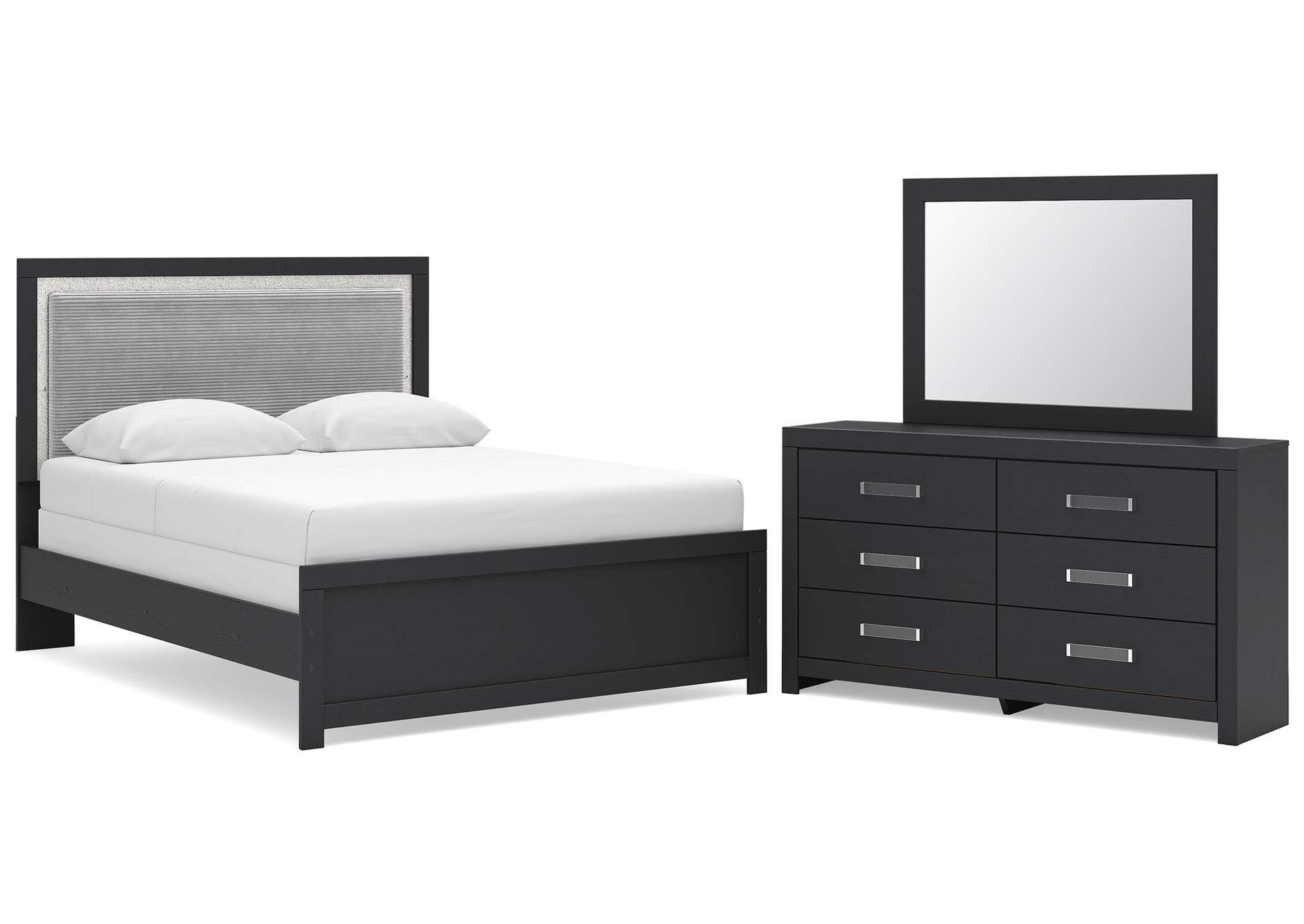Maeling Queen Upholstered Panel Bed, Dresser and Mirror image 1
