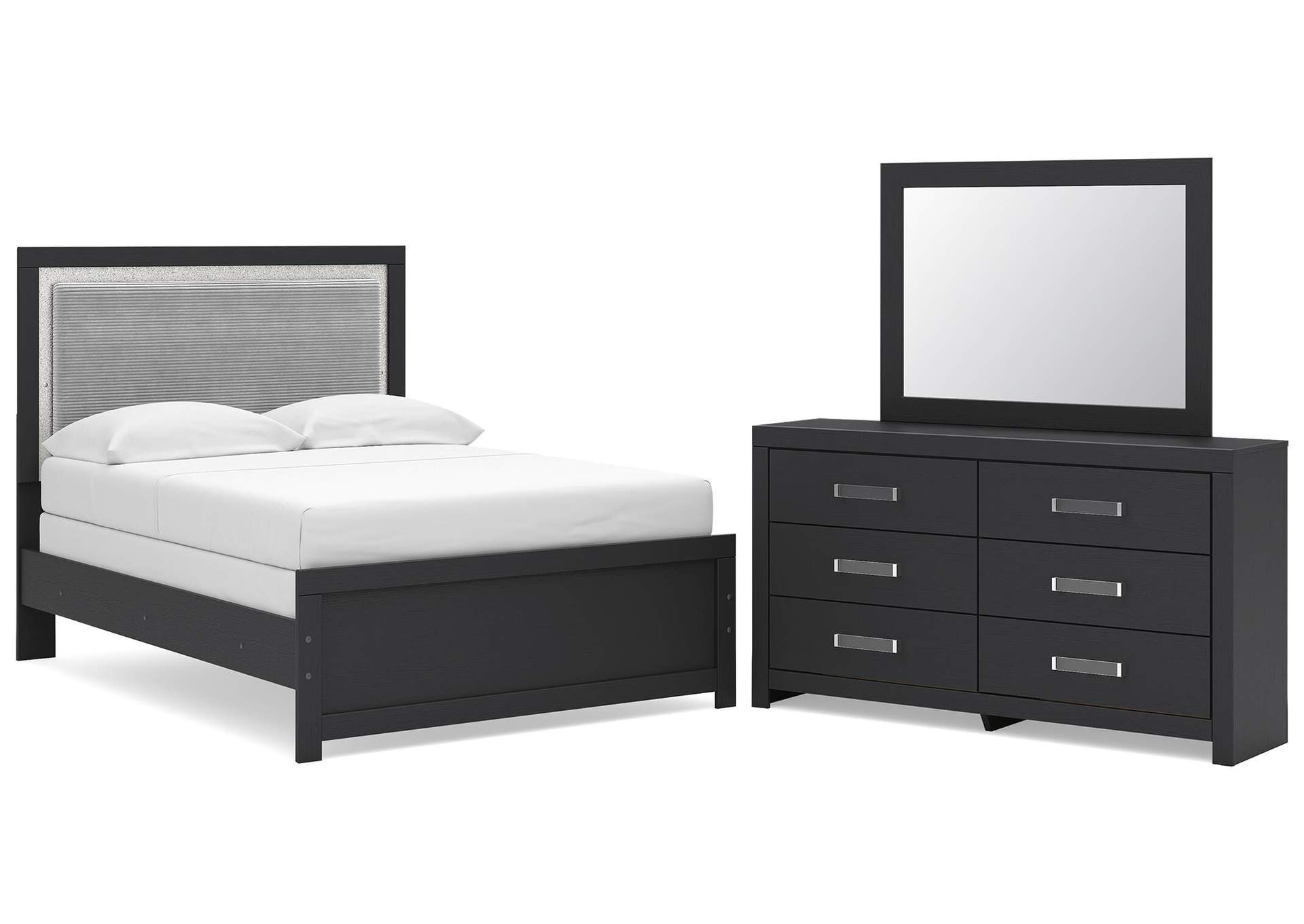 Maeling Full Upholstered Panel Bed, Dresser and Mirror image 1