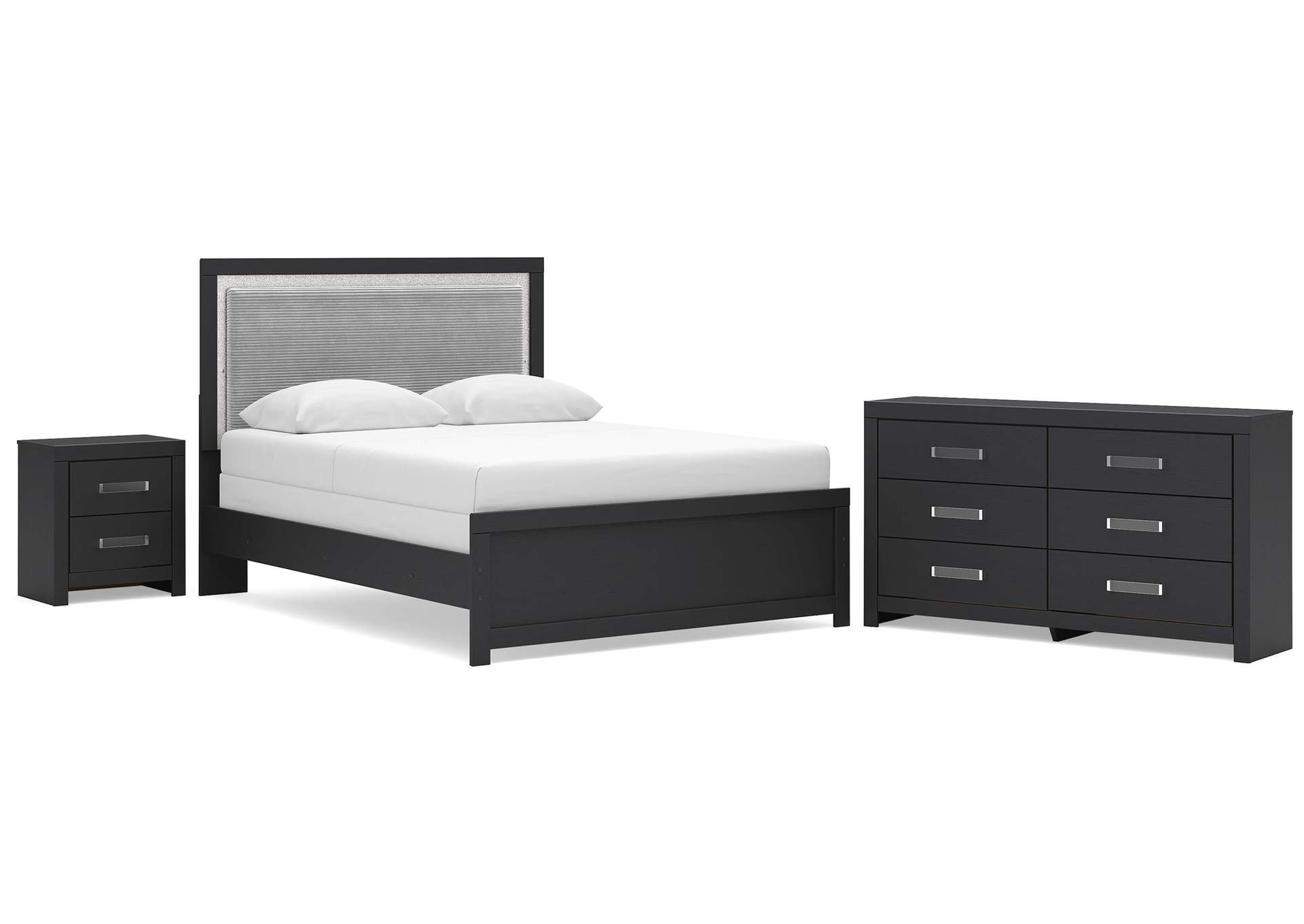 Maeling Queen Upholstered Panel Bed, Dresser and Nightstand image 1