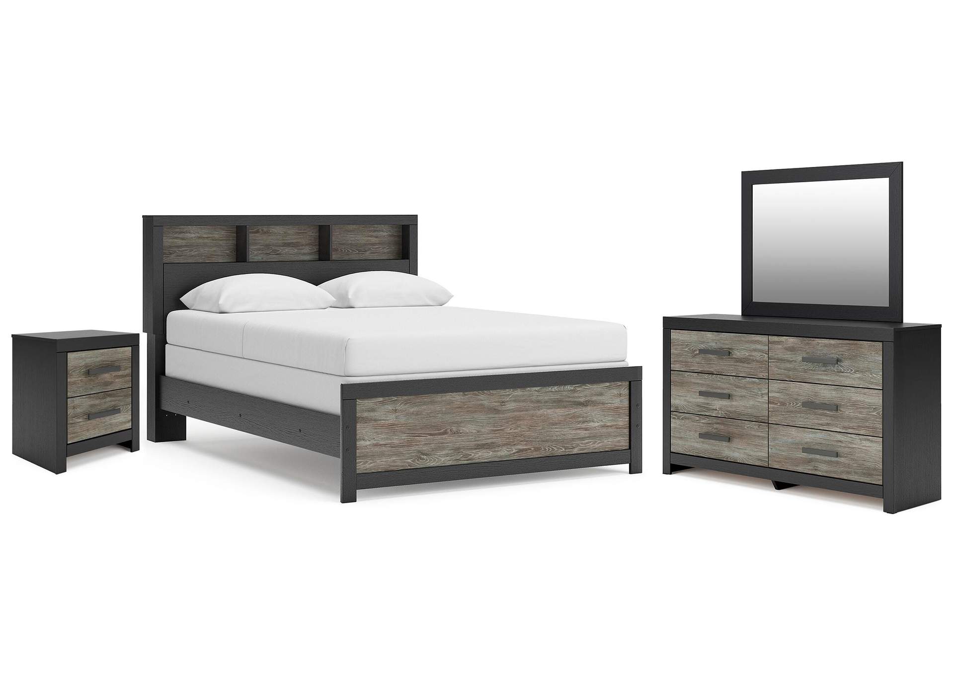 Broachmyn Queen Bookcase Panel Bed, Dresser, Mirror and Nightstand image 1