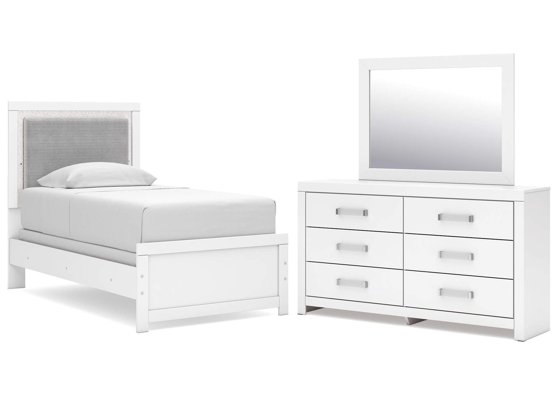 Maeling Twin Upholstered Panel Bed, Dresser and Mirror image 1