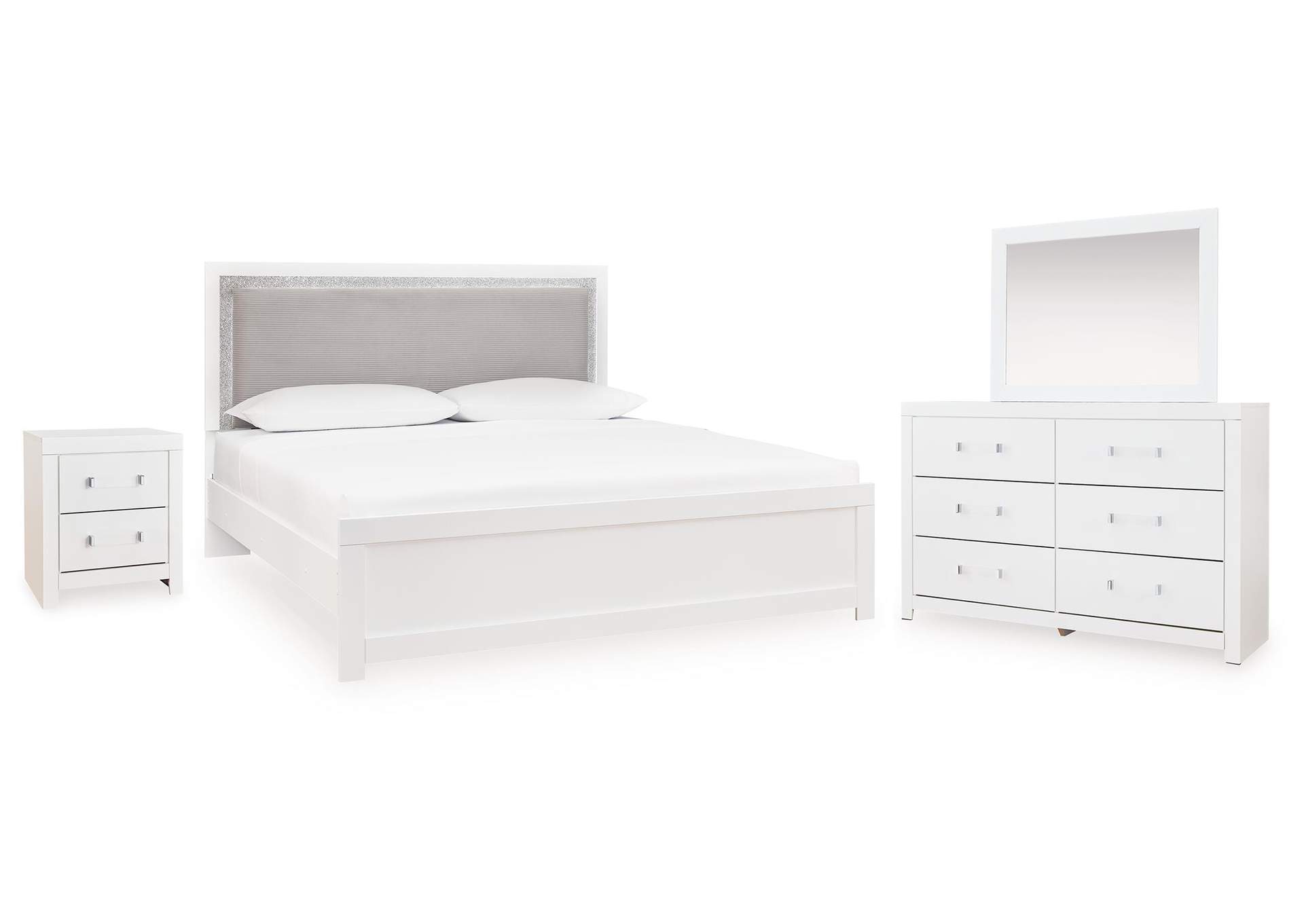 Maeling Queen Upholstered Panel Bed, Dresser, Mirror and Nightstand image 1
