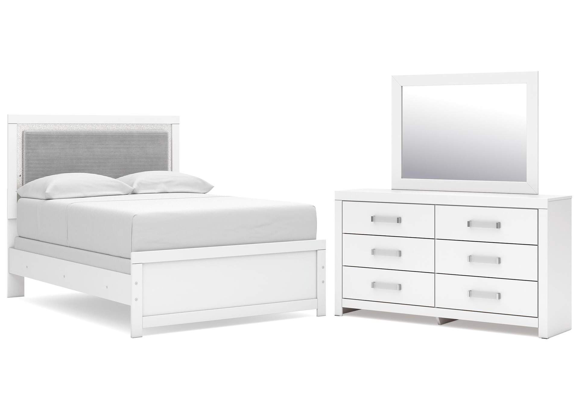 Maeling Full Upholstered Panel Bed, Dresser and Mirror image 1