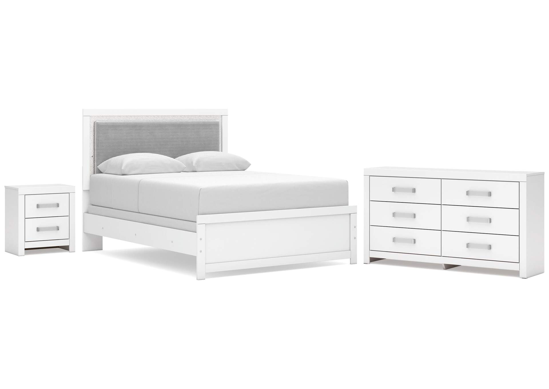 Maeling Queen Upholstered Panel Bed, Dresser and Nightstand image 1