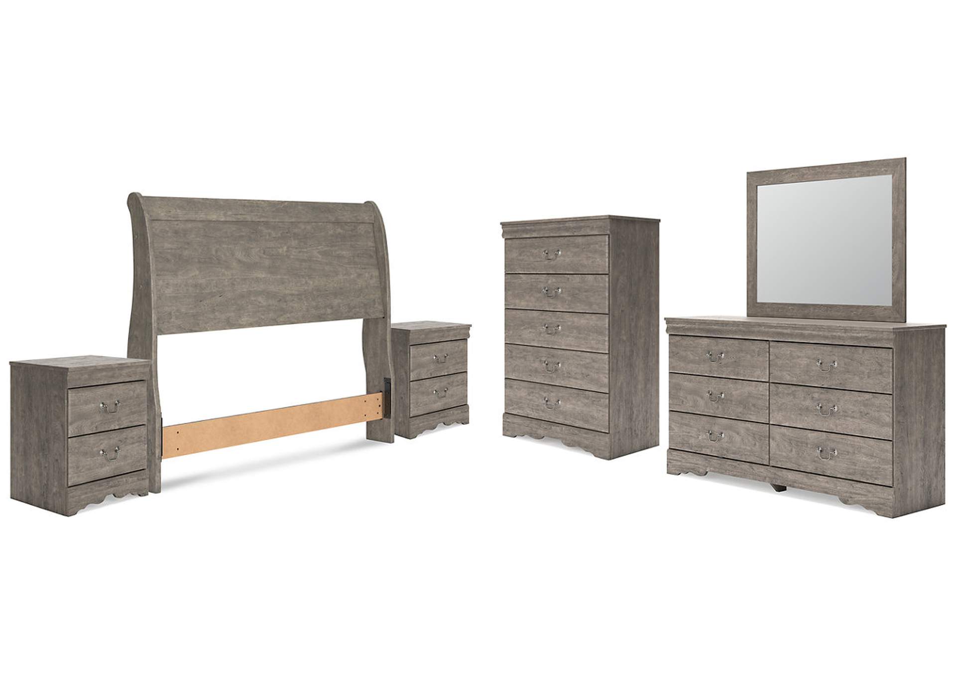 Bayzor Full Sleigh Headboard with Mirrored Dresser, Chest and 2 Nightstands