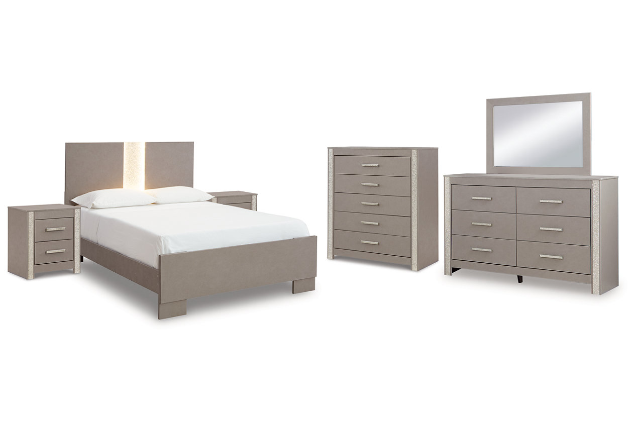 Surancha Full Panel Bed with Mirrored Dresser, Chest and 2 Nightstands