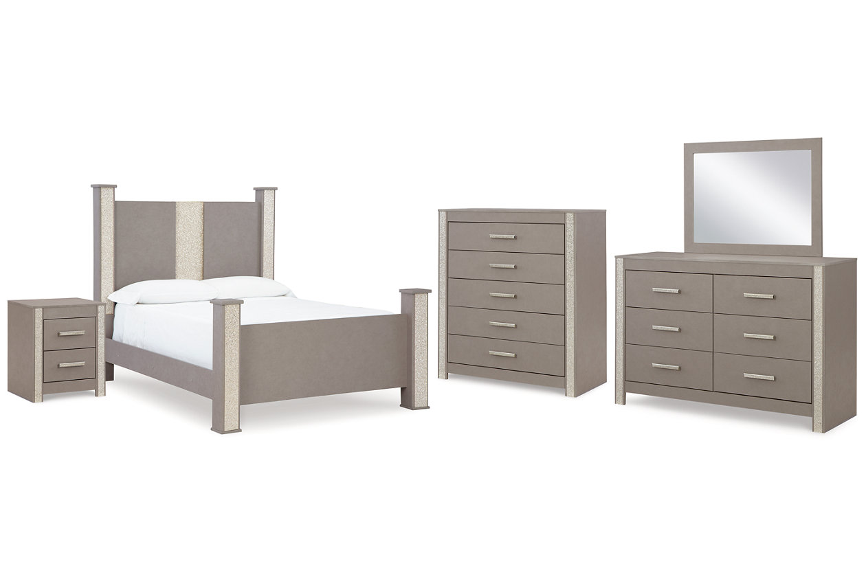 Surancha Queen Poster Bed with Mirrored Dresser, Chest and Nightstand