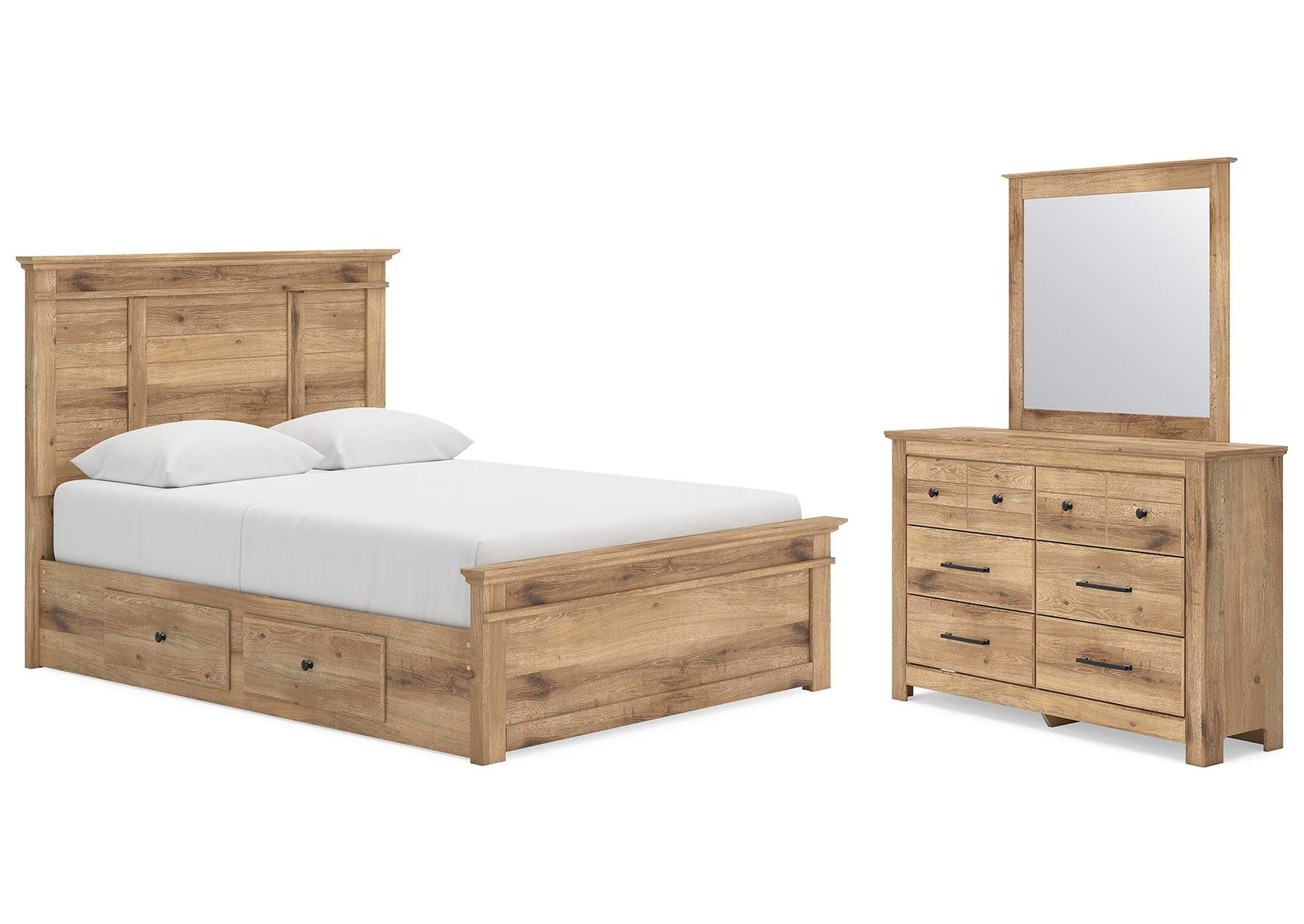 Makidern Queen Panel Bed with Storage, Dresser and Mirror image 1