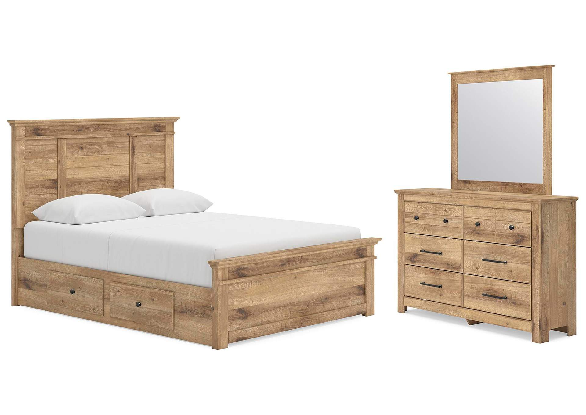 Makidern Queen Panel Bed with Storage, Dresser and Mirror image 1