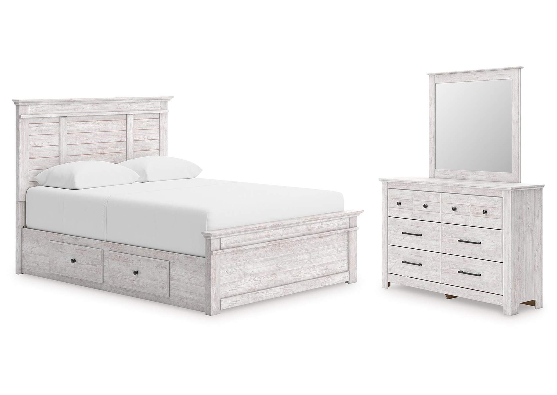 Makidern Queen Panel Bed with Storage, Dresser and Mirror image 1