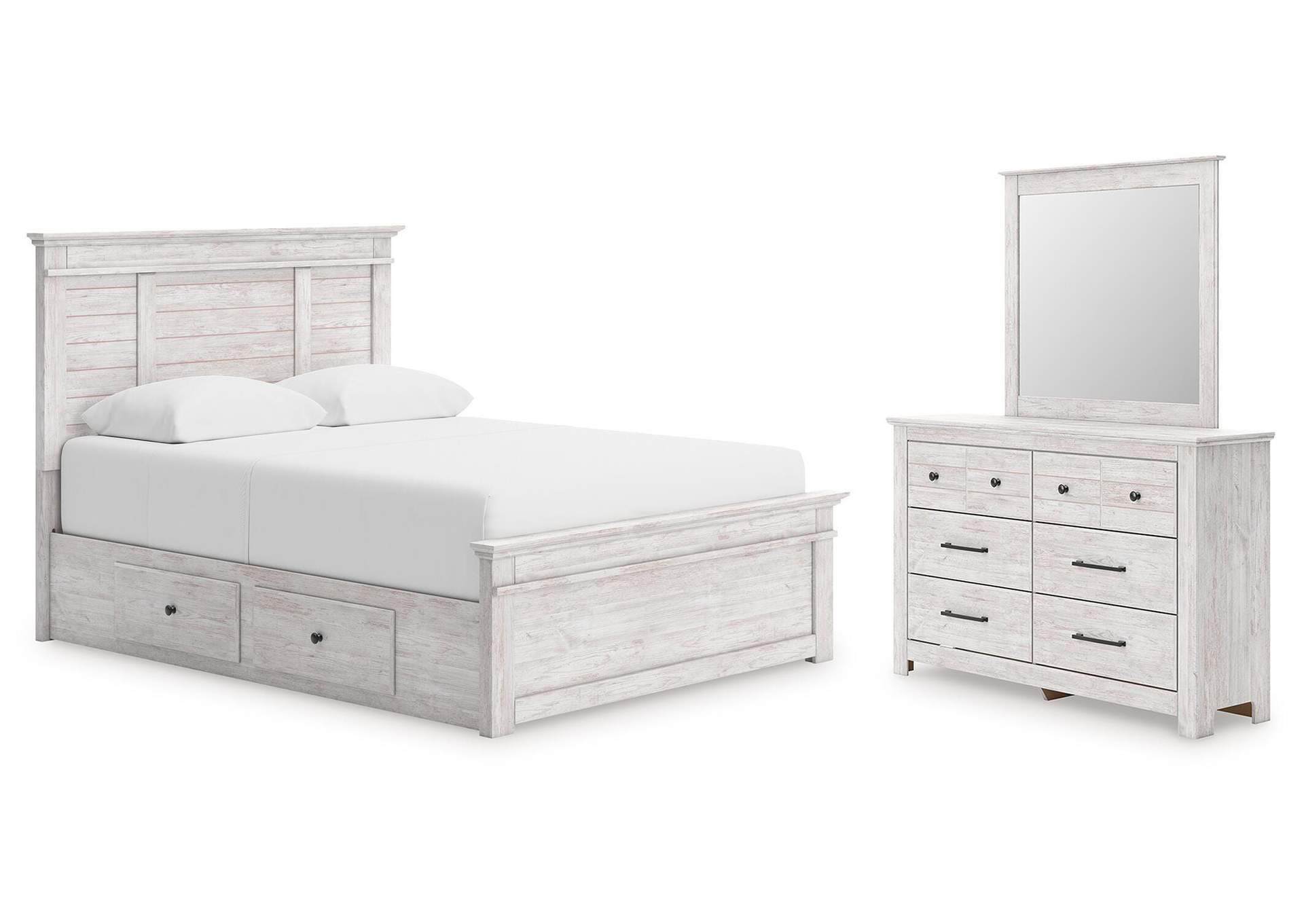 Makidern Queen Panel Bed with Storage, Dresser and Mirror image 1