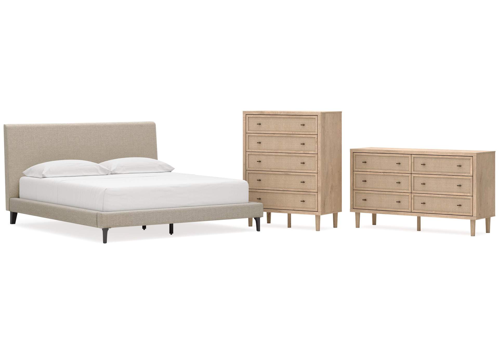 Cielden California King Upholstered Bed with Roll Slats, Dresser and Chest image 1