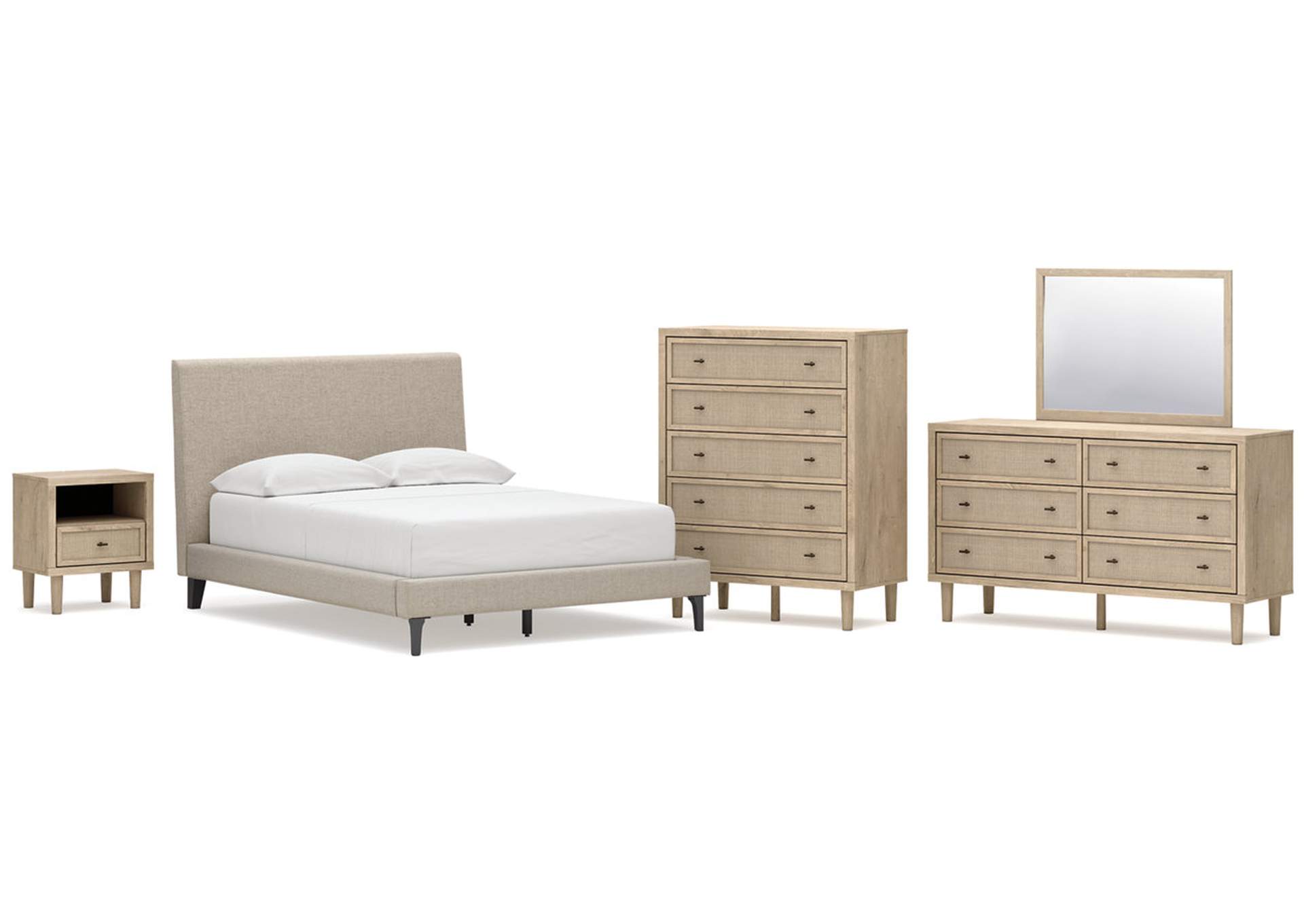 Cielden Full Upholstered Bed with Roll Slats, Dresser, Mirror, Chest and Nightstand image 1