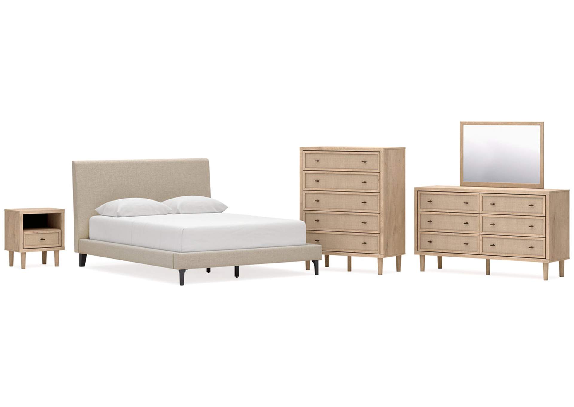 Cielden Queen Upholstered Bed with Roll Slats, Dresser, Mirror, Chest and Nightstand image 1