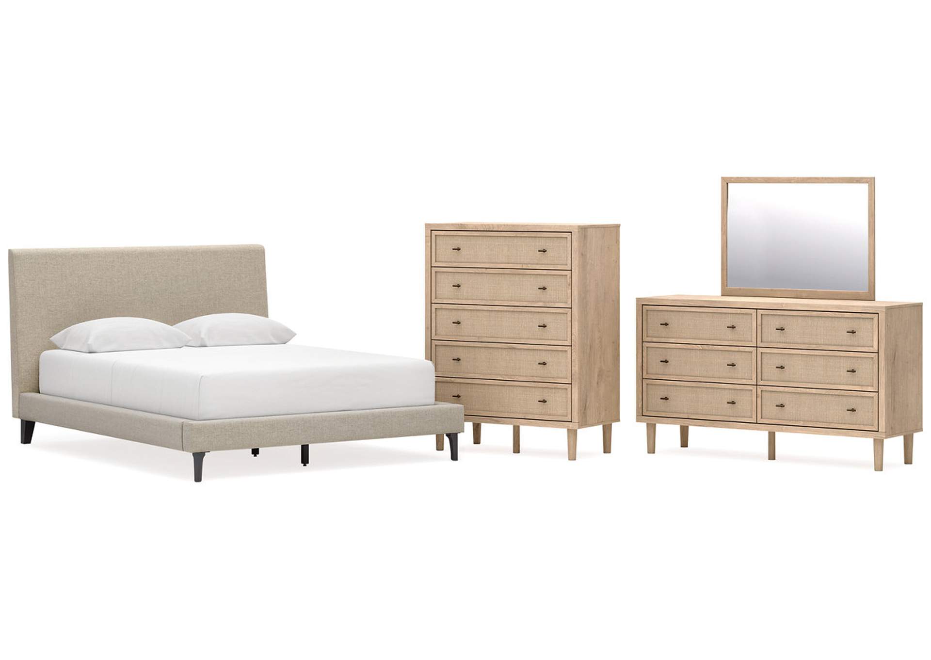 Cielden Queen Upholstered Bed with Roll Slats, Dresser, Mirror and Chest image 1