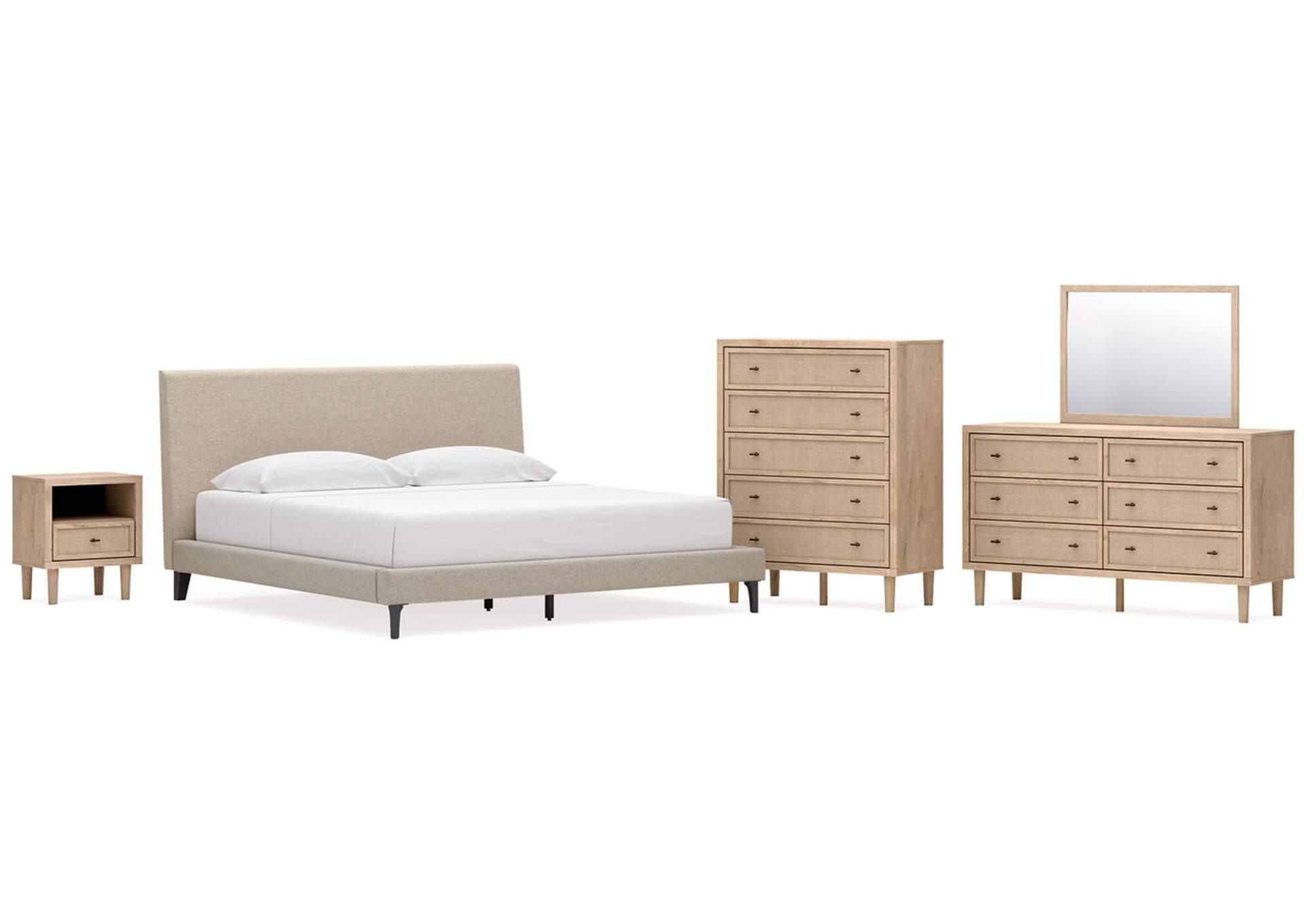 Cielden King Upholstered Bed with Roll Slats, Dresser, Mirror, Chest and Nightstand image 1