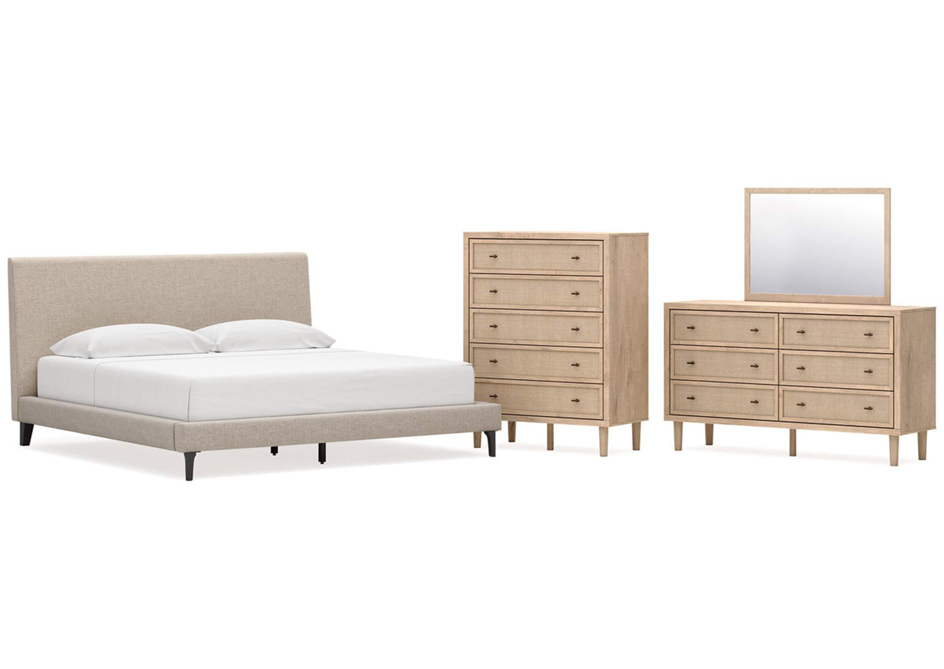 Cielden King Upholstered Bed with Roll Slats, Dresser, Mirror and Chest image 1