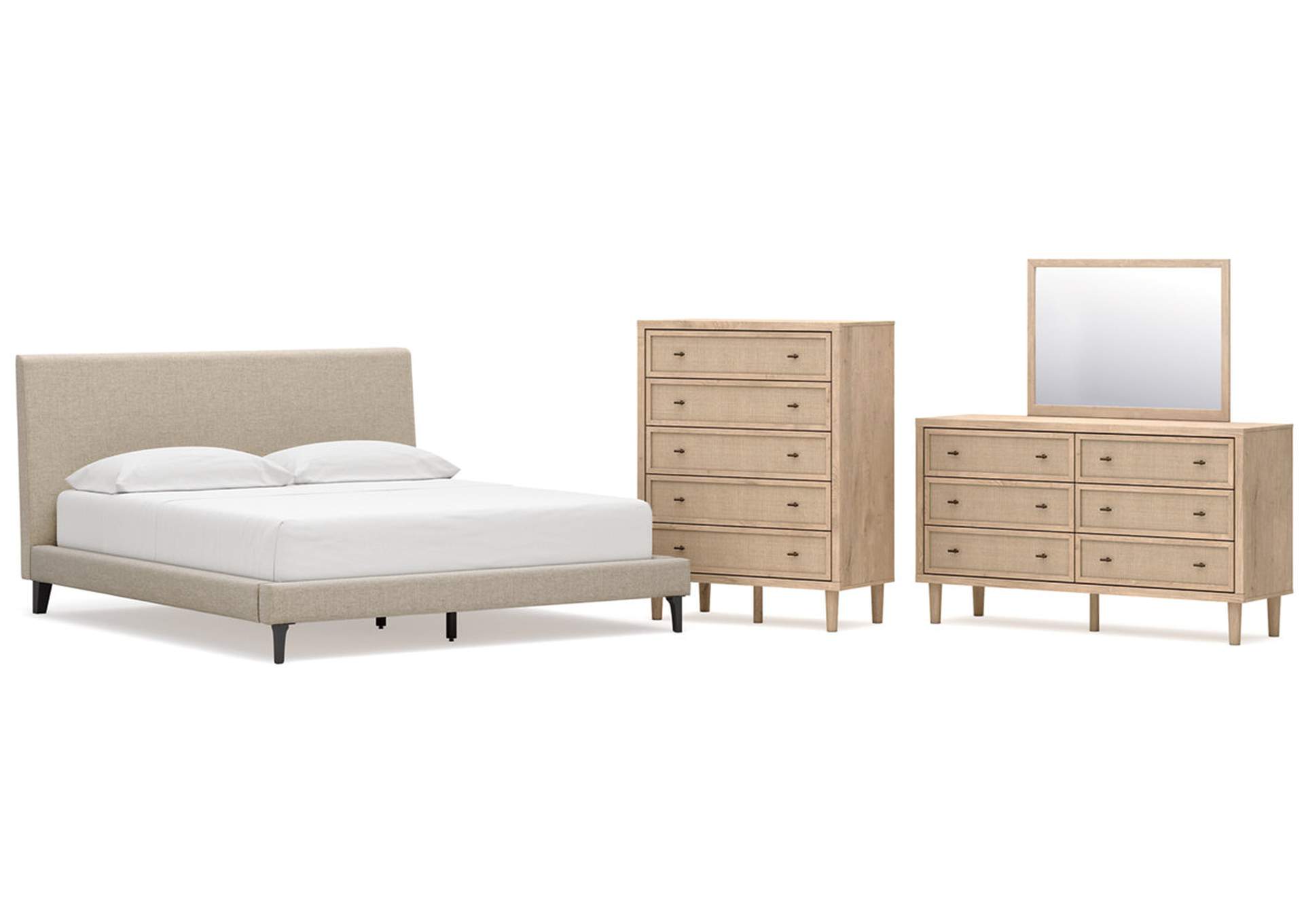 Cielden California King Upholstered Bed with Roll Slats, Dresser, Mirror and Chest image 1