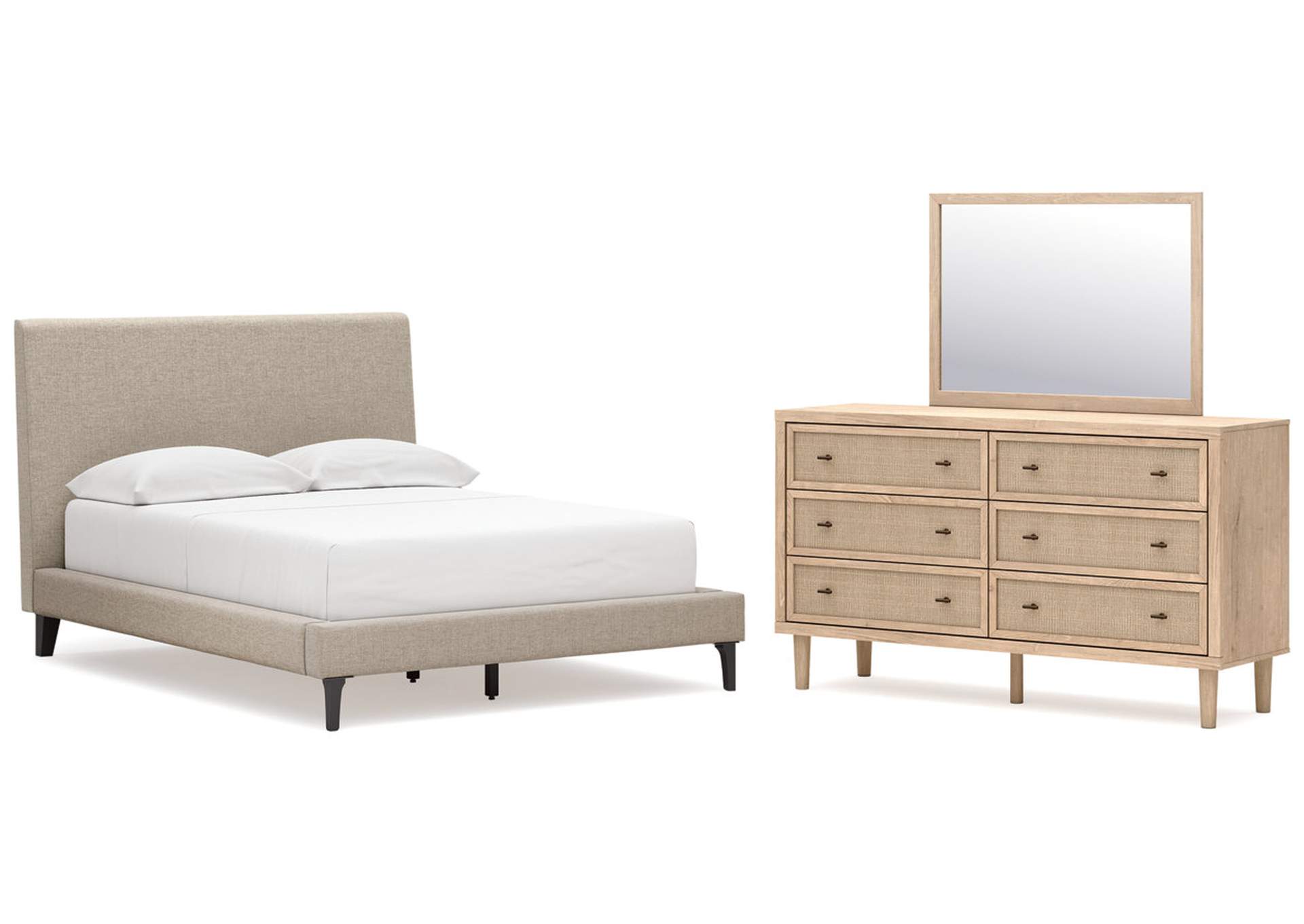 Cielden Full Upholstered Bed with Roll Slats, Dresser and Mirror image 1