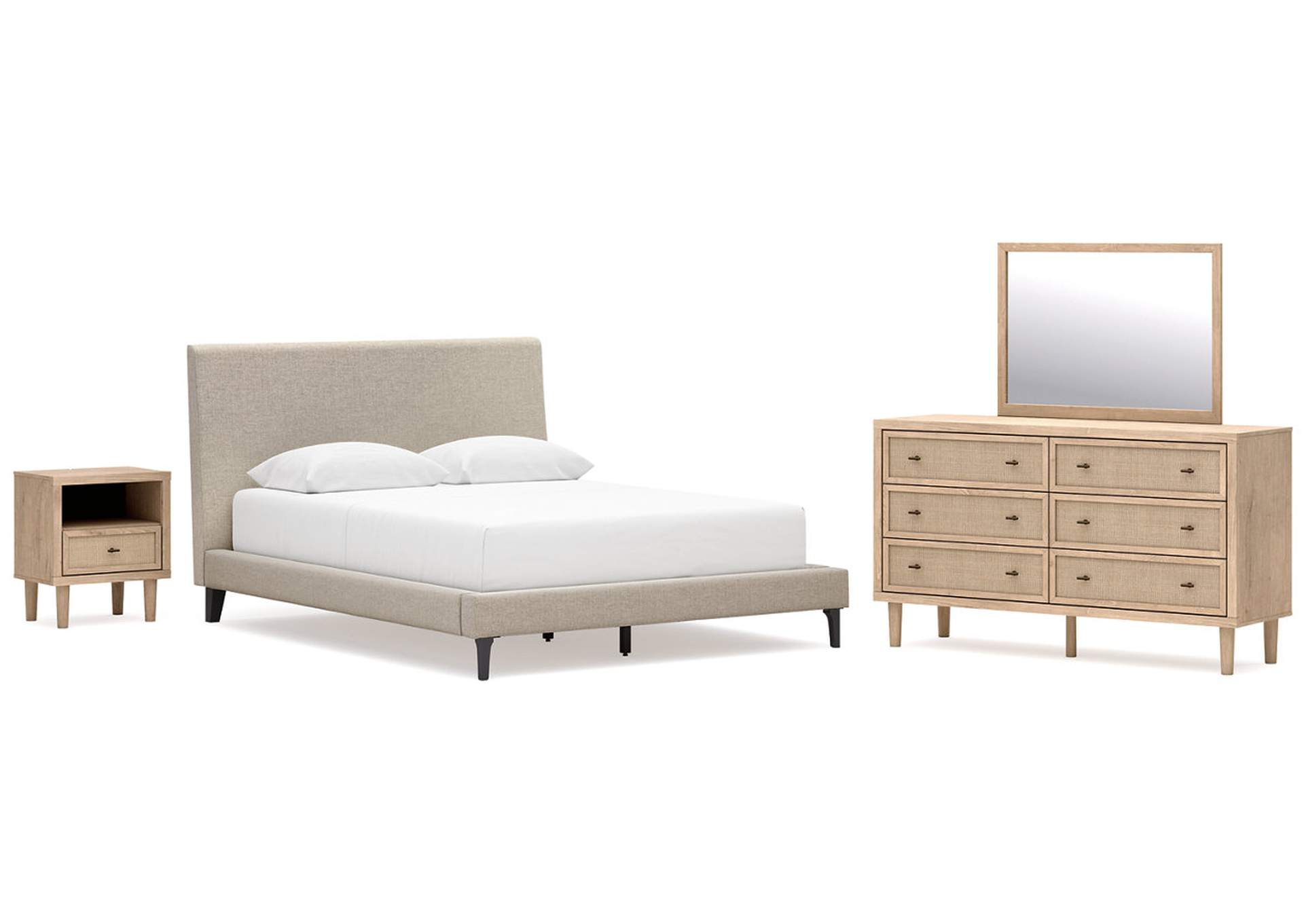 Cielden Queen Upholstered Bed with Roll Slats, Dresser, Mirror and Nightstand image 1