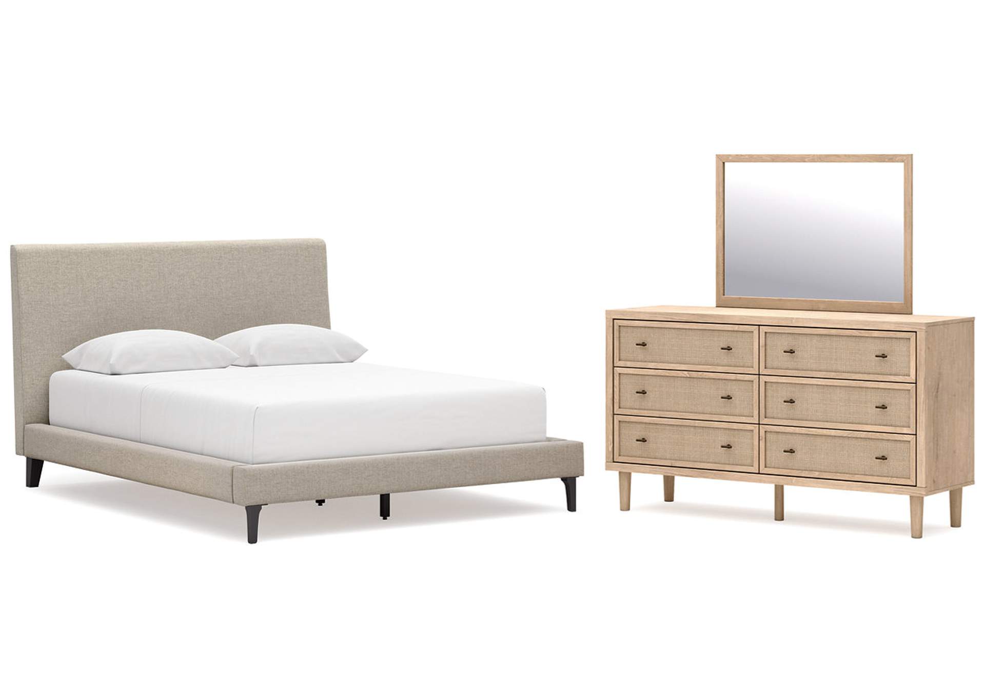 Cielden Queen Upholstered Bed with Roll Slats, Dresser and Mirror image 1