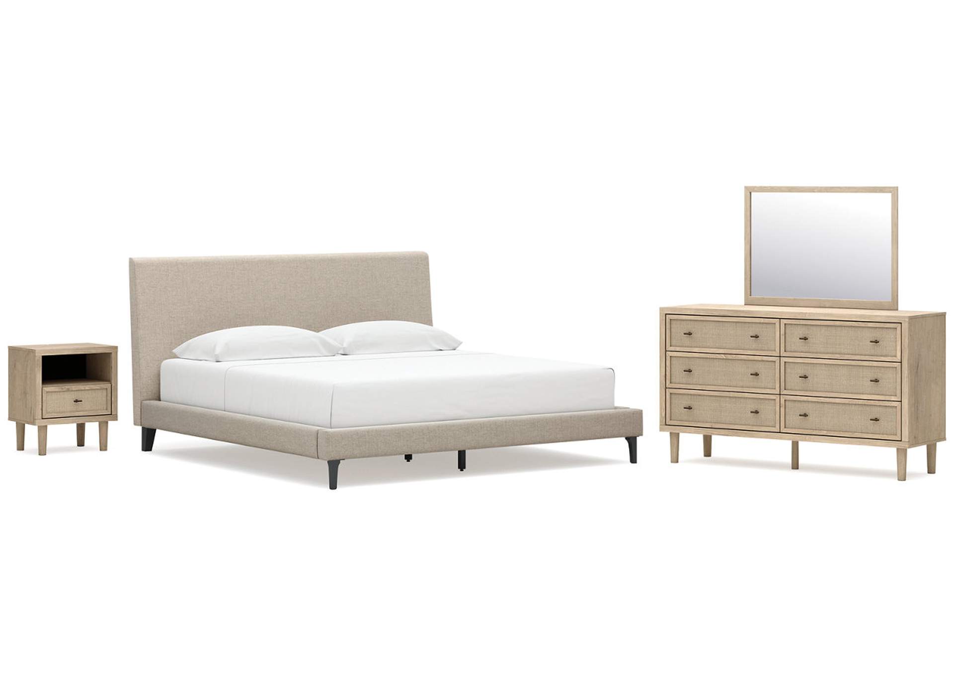 Cielden King Upholstered Bed with Roll Slats, Dresser, Mirror and Nightstand image 1