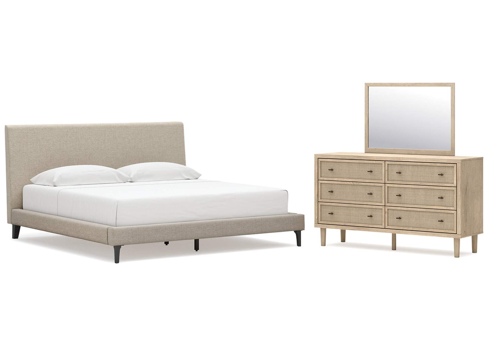 Cielden King Upholstered Bed with Roll Slats, Dresser and Mirror image 1