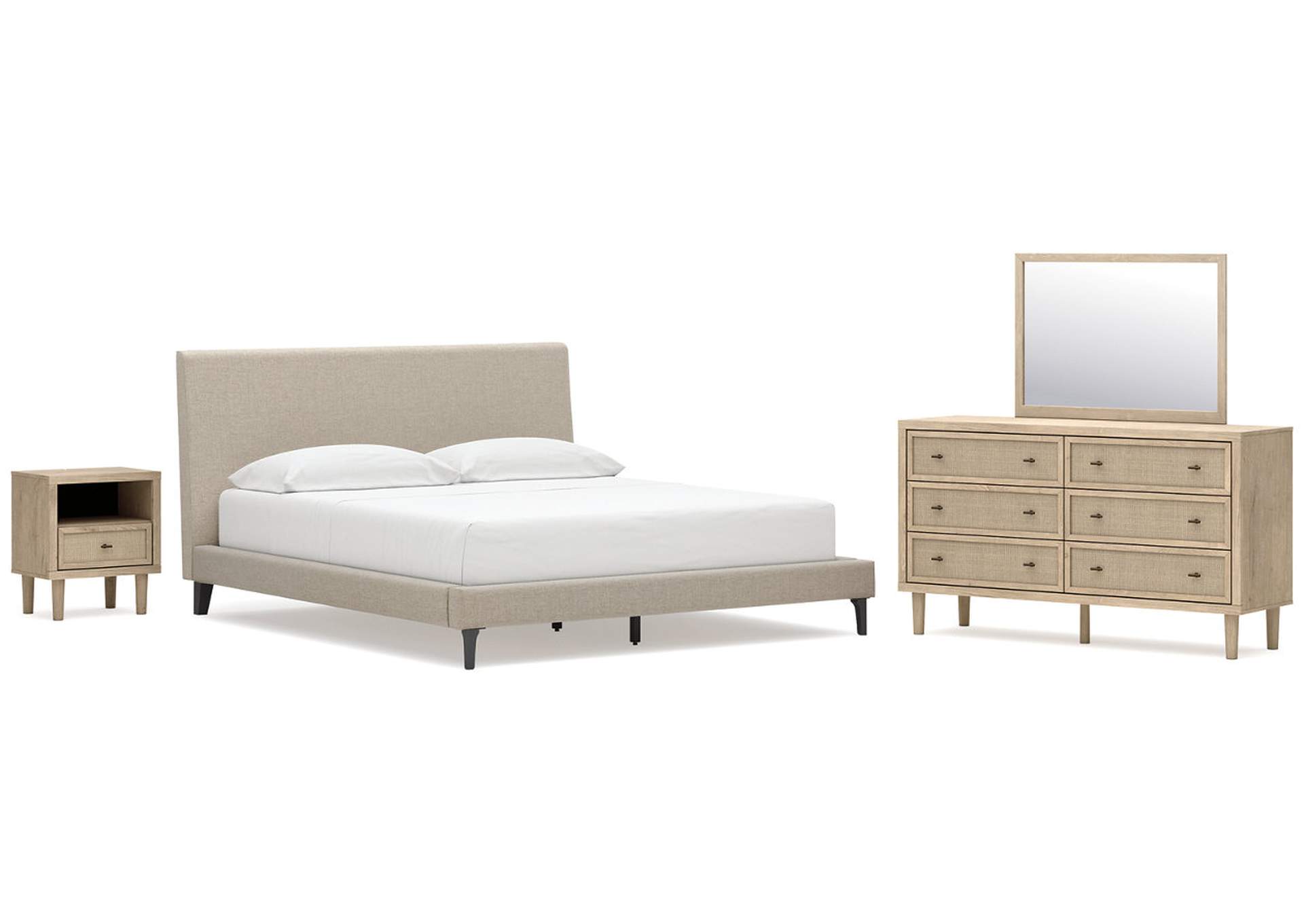 Cielden California King Upholstered Bed with Roll Slats, Dresser, Mirror and Nightstand image 1