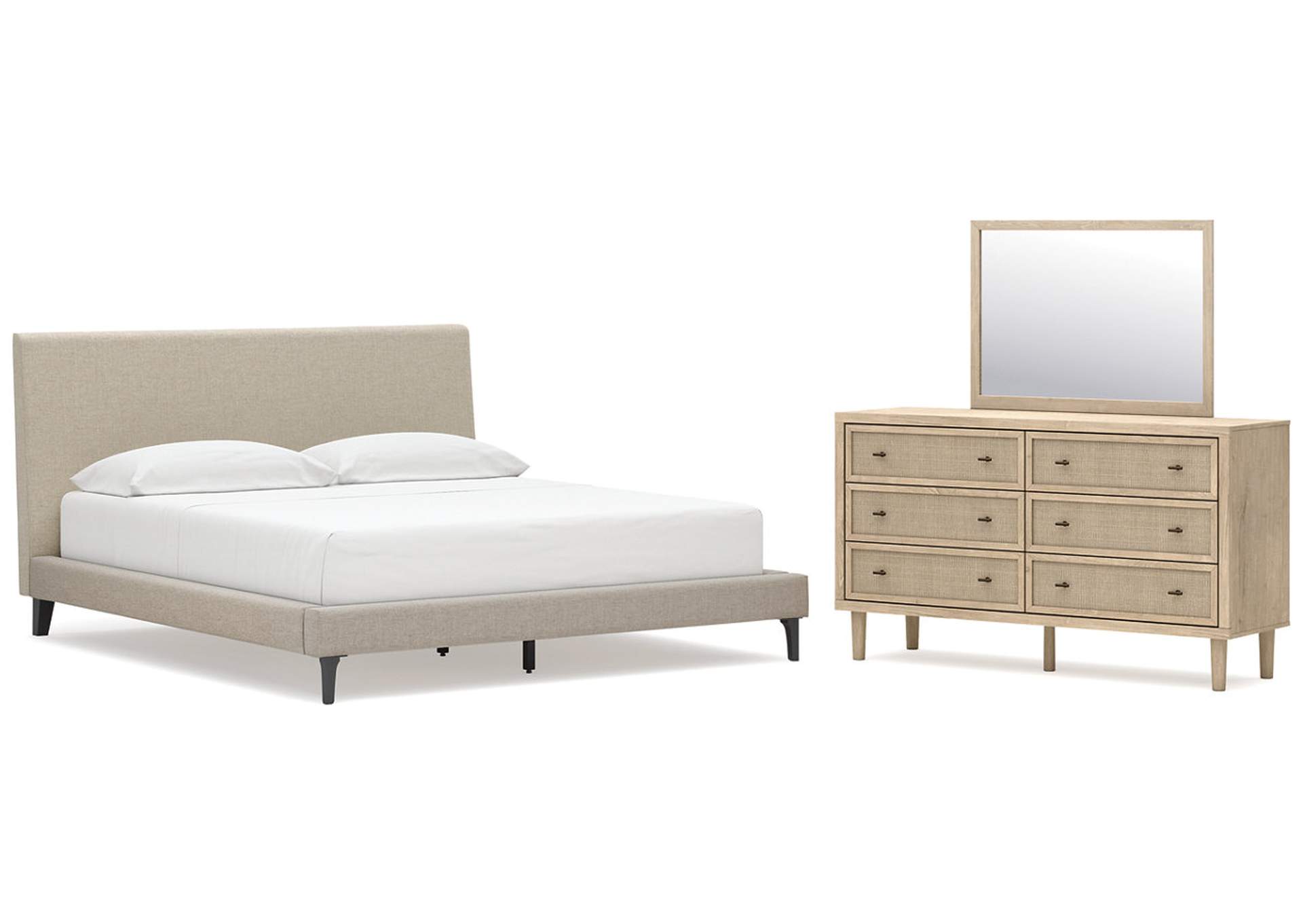 Cielden California King Upholstered Bed with Roll Slats, Dresser and Mirror image 1