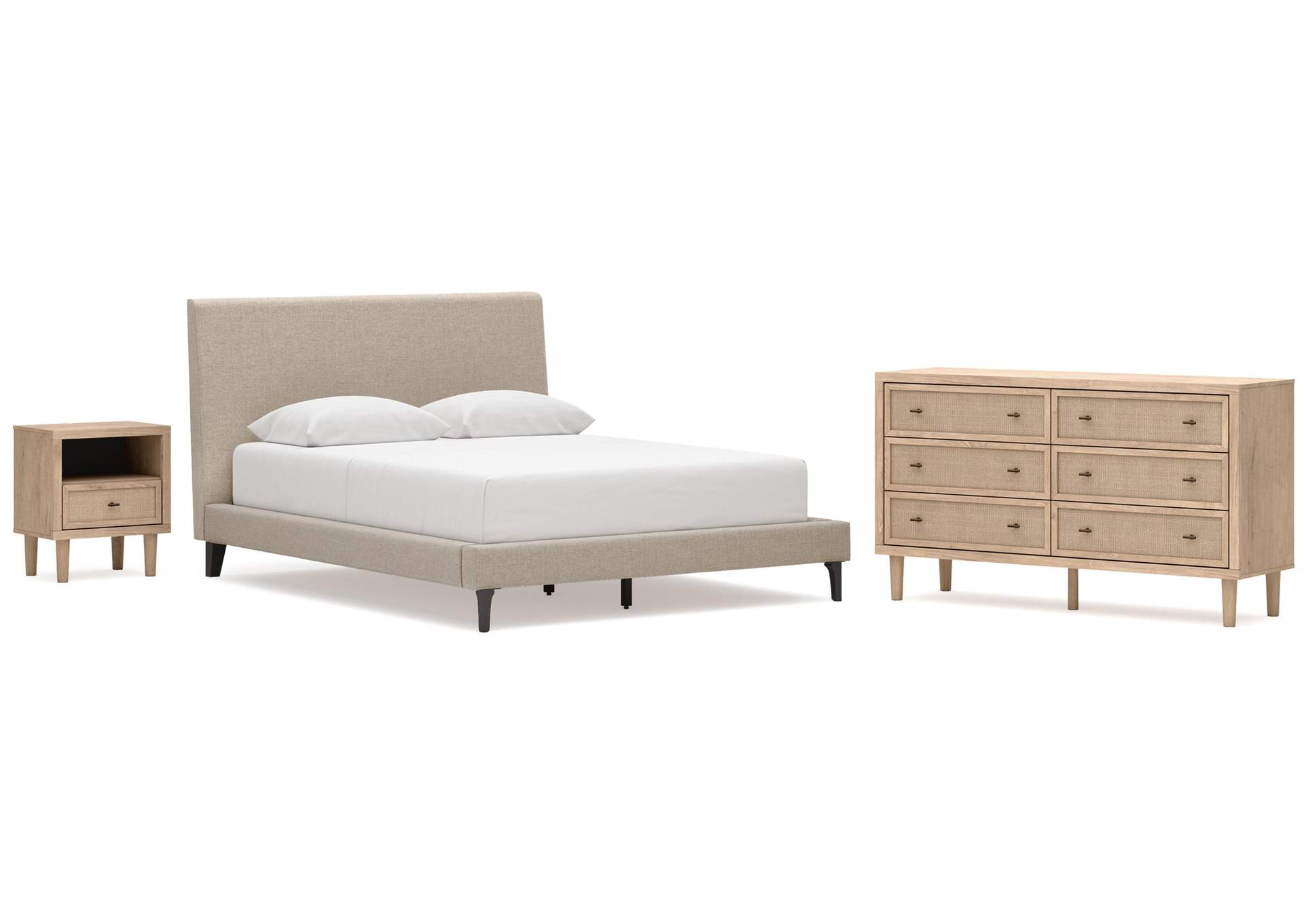 Cielden Queen Upholstered Bed with Roll Slats, Dresser and Nightstand image 1