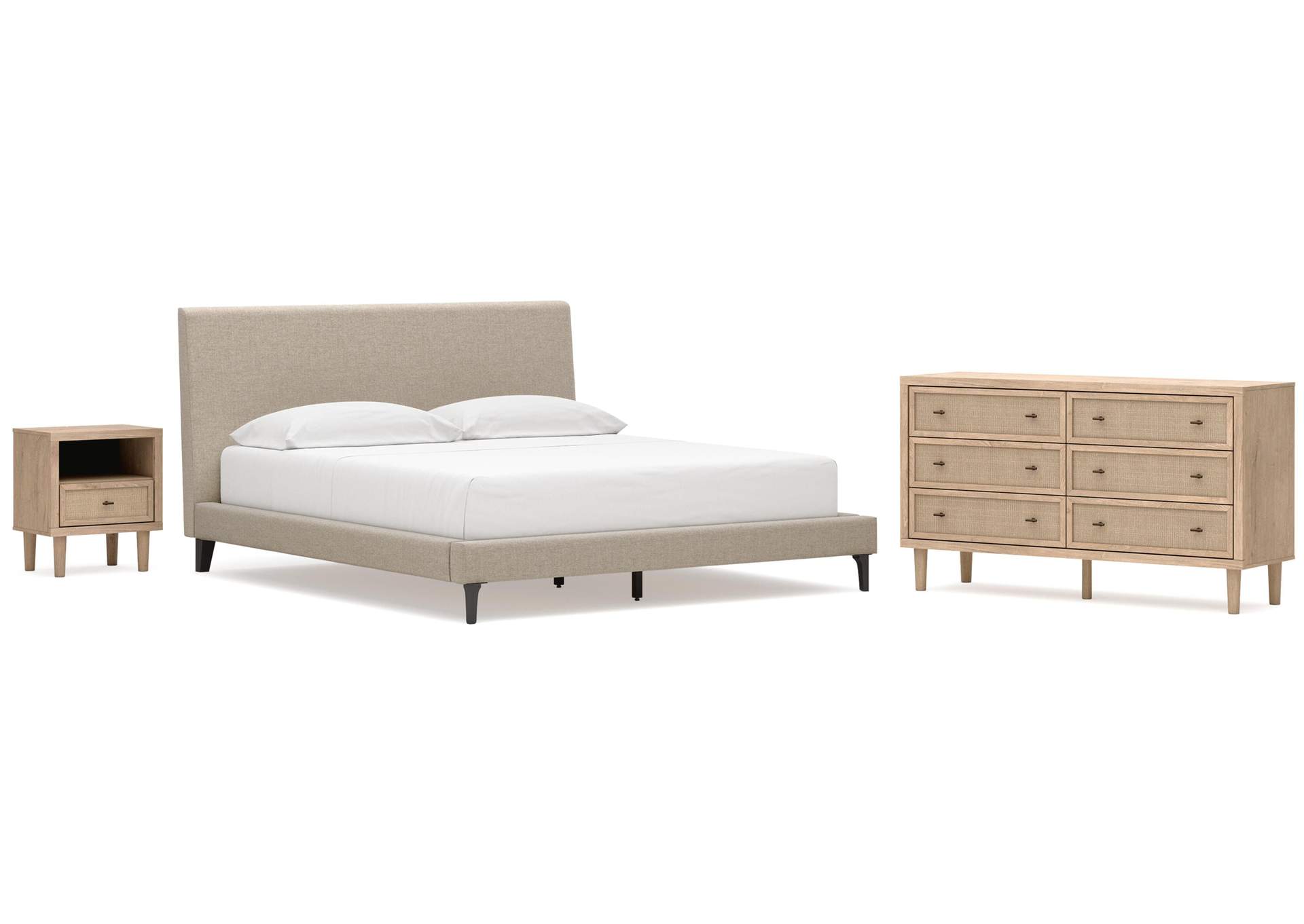 Cielden California King Upholstered Bed with Roll Slats, Dresser and Nightstand image 1