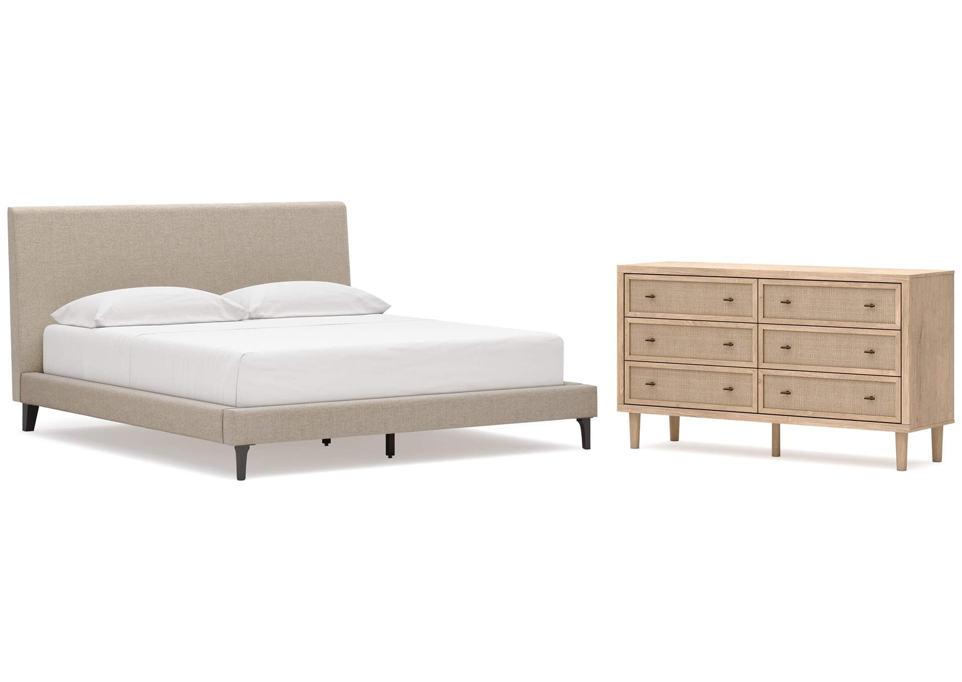 Cielden California King Upholstered Bed with Roll Slats and Dresser image 1