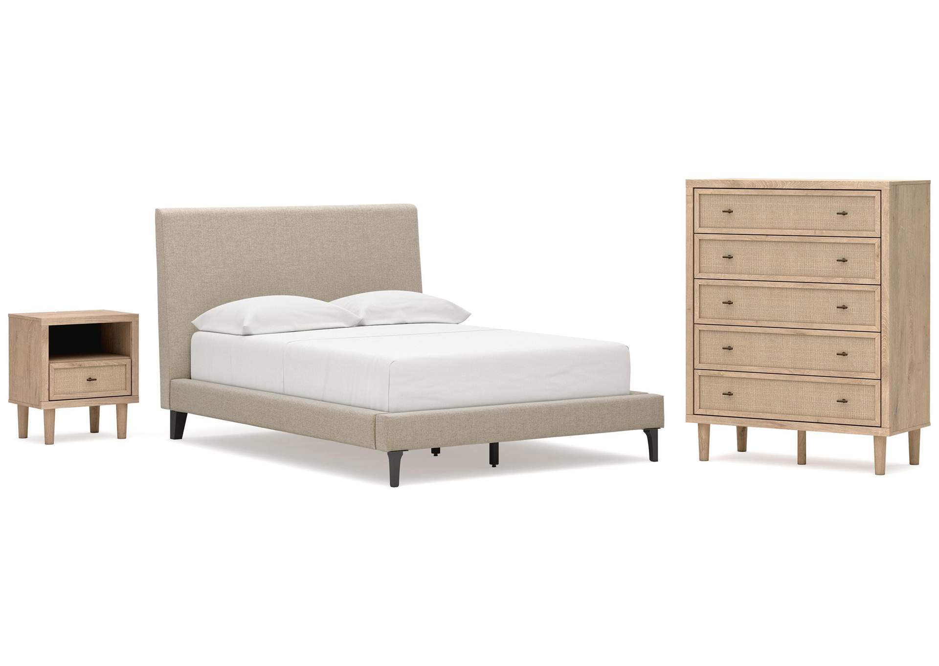 Cielden Full Upholstered Bed with Roll Slats, Chest and  Nightstand image 1
