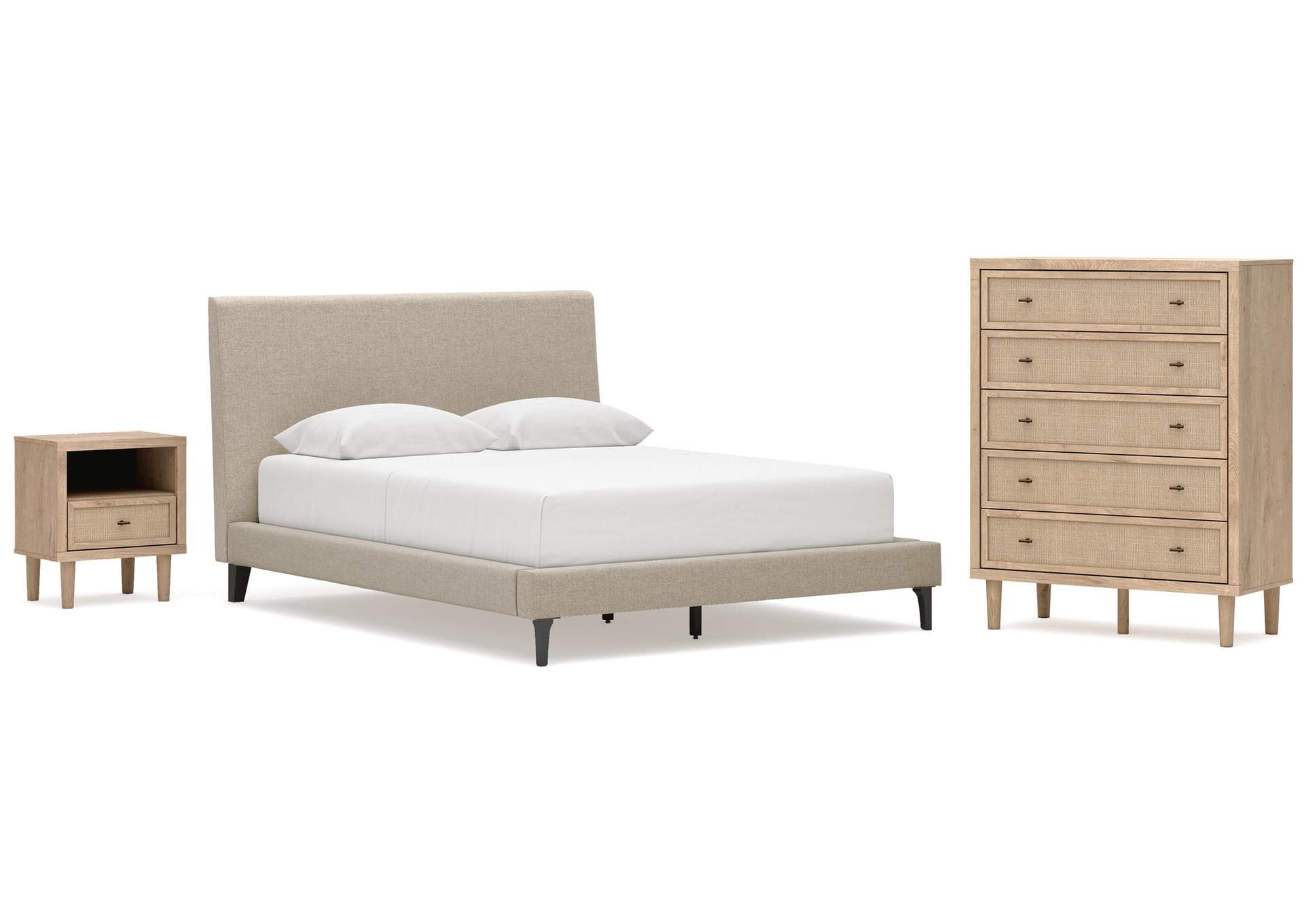 Cielden Queen Upholstered Bed with Roll Slats, Chest and  Nightstand image 1
