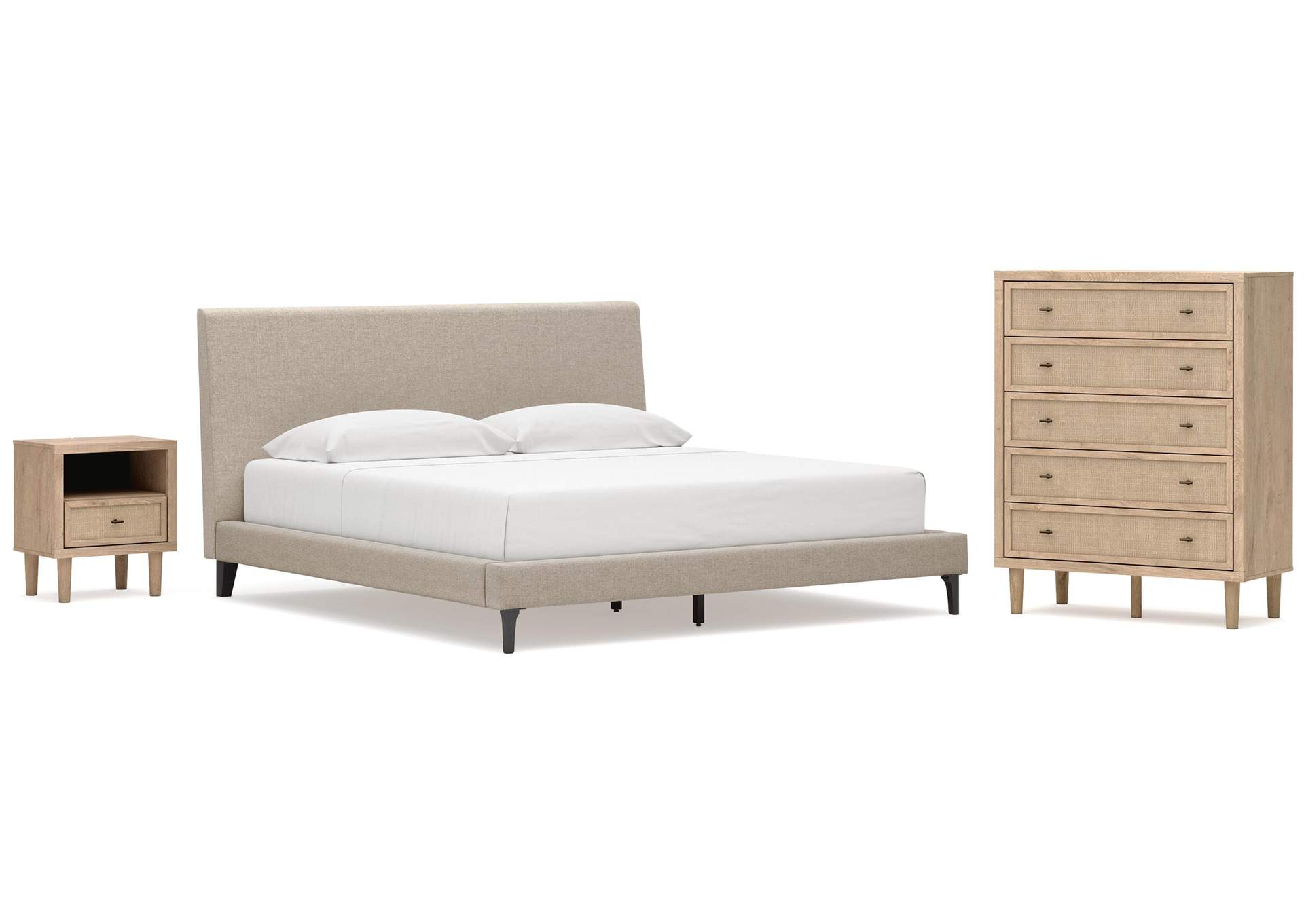 Cielden King Upholstered Bed with Roll Slats, Chest and  Nightstand image 1