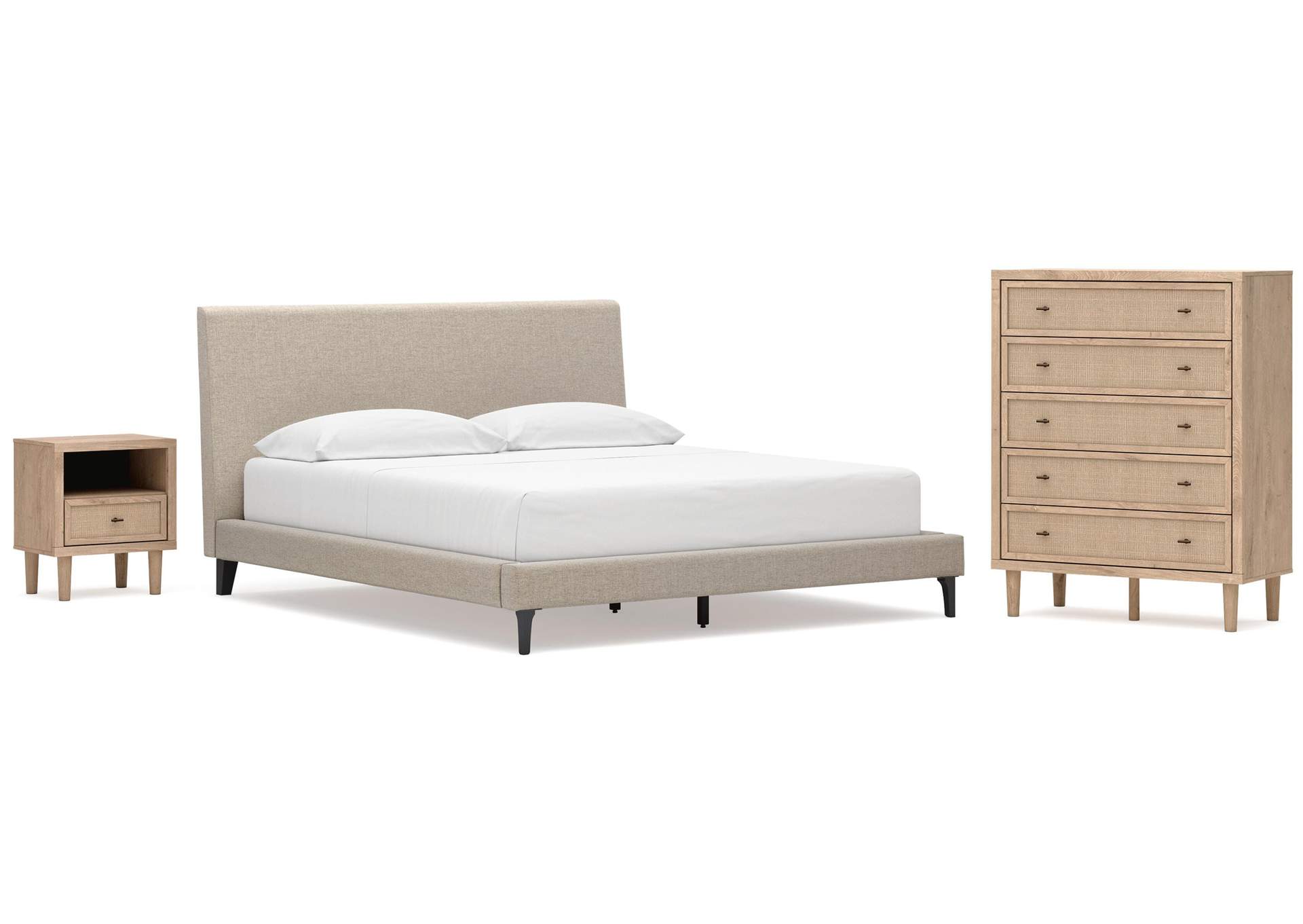Cielden California King Upholstered Bed with Roll Slats, Chest and  Nightstand image 1