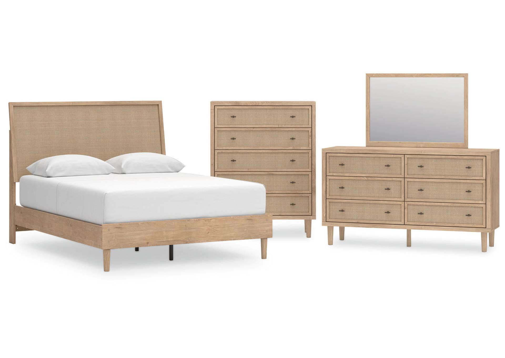 Cielden Queen Panel Bed with Mirrored Dresser and Chest