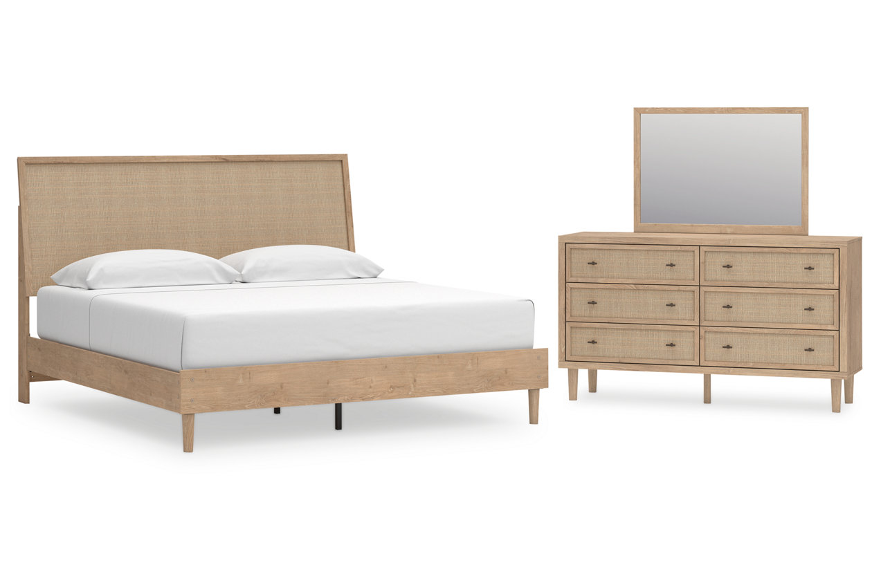 Cielden King Panel Bed with Mirrored Dresser