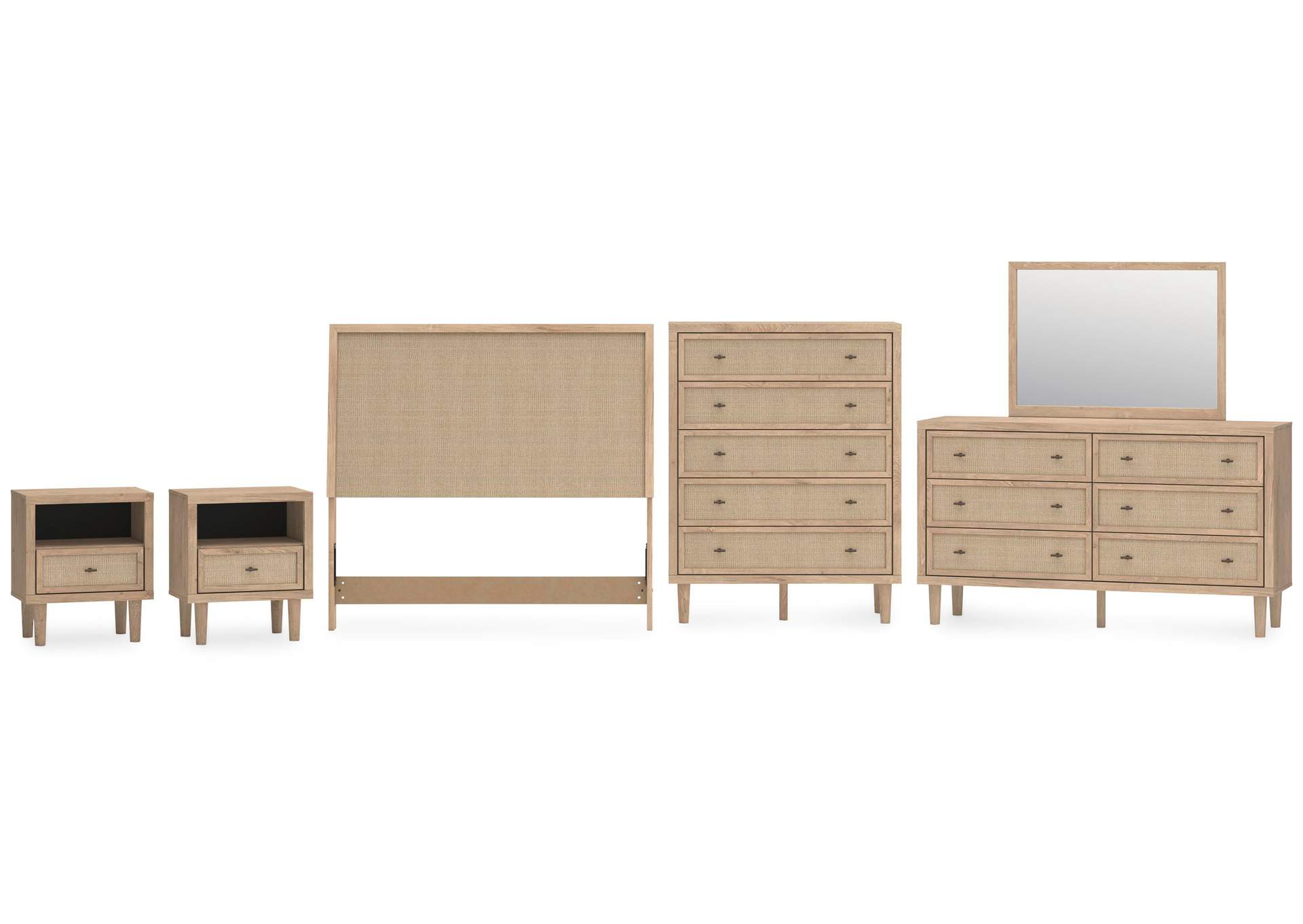 Cielden Full Upholstered Panel Bed with Mirrored Dresser, Chest and 2 Nightstands image 1