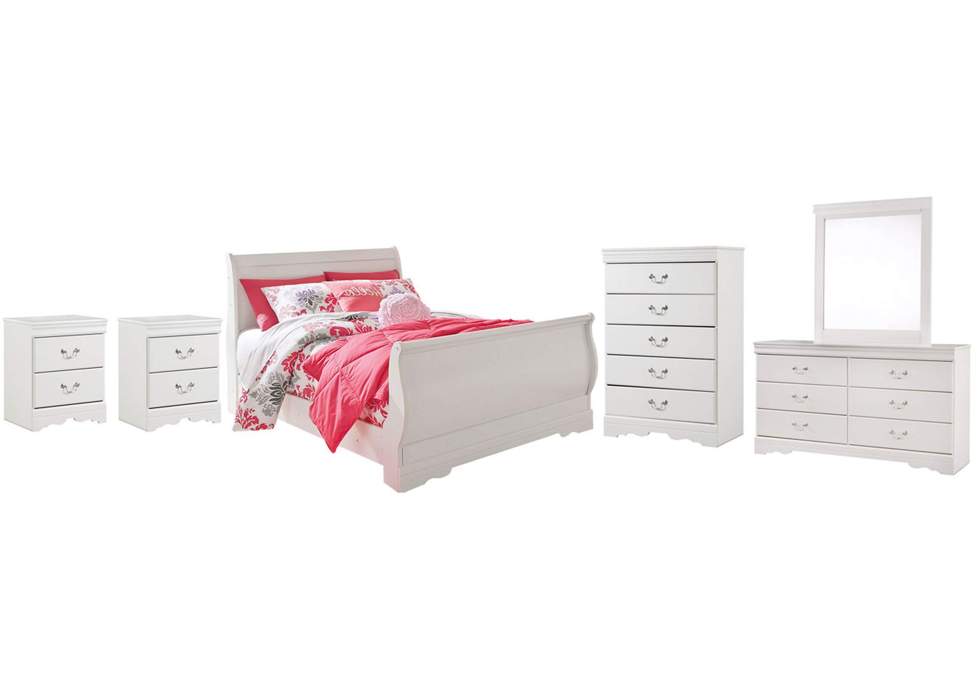 Anarasia Full Sleigh Bed with Mirrored Dresser, Chest and 2 Nightstands