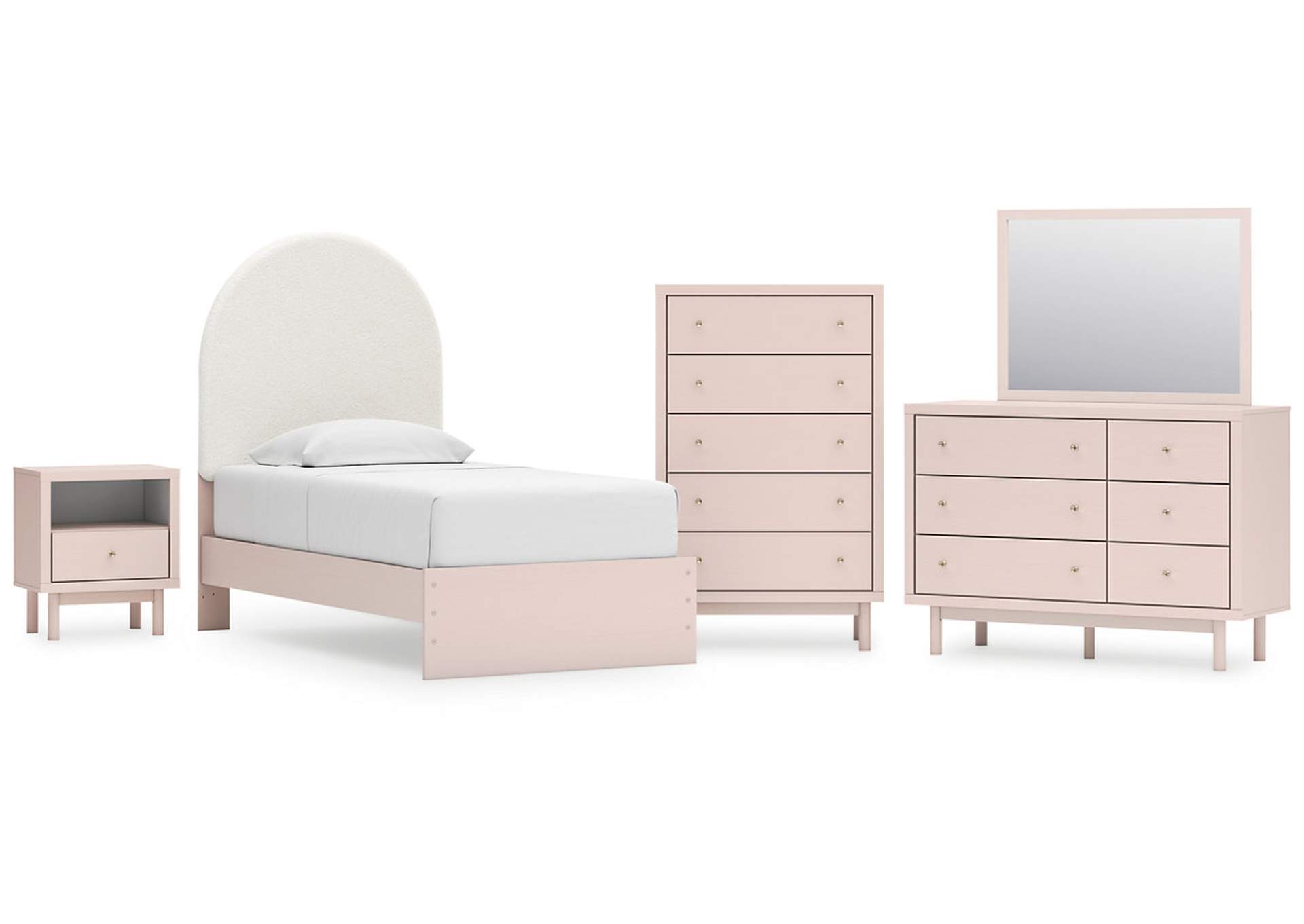 Wistenpine Twin Upholstered Panel Bed with Mirrored Dresser, Chest and Nightstand image 1