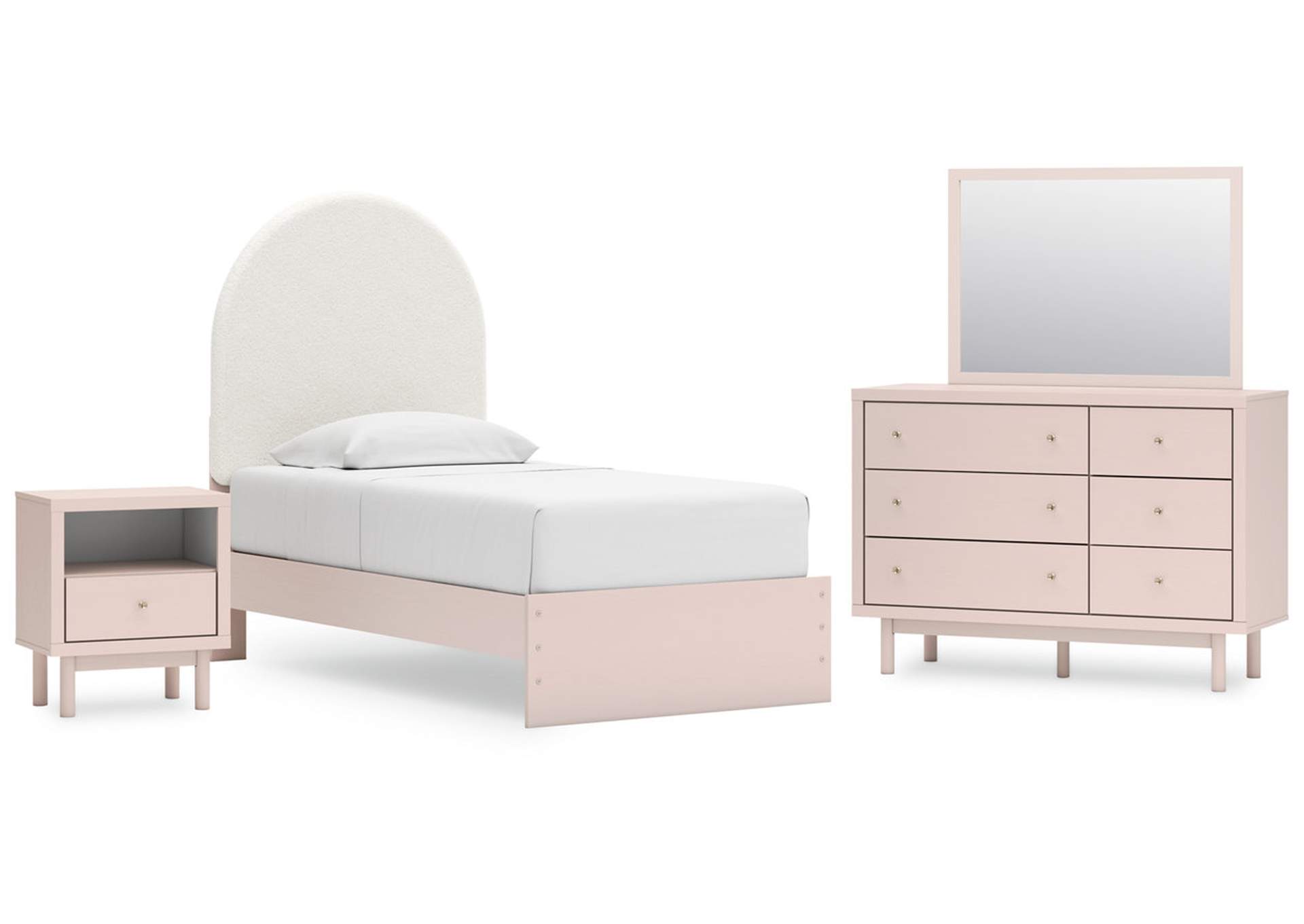 Wistenpine Twin Upholstered Panel Bed with Mirrored Dresser and Nightstand image 1